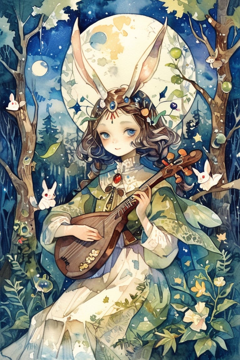 fairy tale illustrations,Simple minimum art, 
myths of another world,Perfect sky, moon and shooting stars,moon on face,
pagan style graffiti art, aesthetic, sepia, ancient Russia,(holy bard),holding an old lute,
A female shaman,(wearing a rabbit-faced mask),
Gentle rain, warm sunlight filtering through the leaves, ancient forest,
watercolor \(medium\),jewel pet,acidzlime