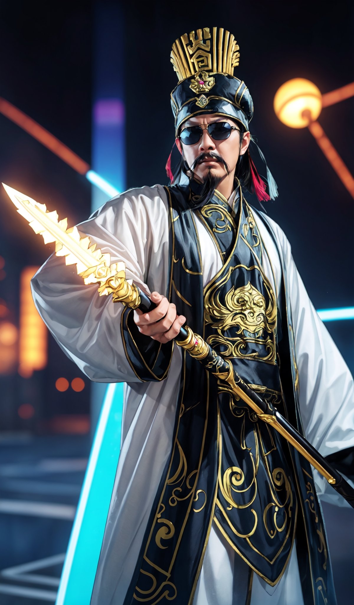 ((20year Man:1.5)), ((1man:1.4)), solid body shape, beautiful shining body,detailed face,moustache,
black hair,((chinese crown)),(full body),
(black eyes),high eyes,(neon sunglasses),
Hanfu,old chinese costumes,A fan made of feathers,
whole body,natural light,random Angle,((have a spear)),
((realism: 1.2 )), dynamic far view shot,cinematic lighting, perfect composition, by sumic.mic, ultra detailed, official art, masterpiece, (best quality:1.3), reflections, extremely detailed cg unity 8k wallpaper, detailed background, masterpiece, best quality , (masterpiece), (best quality:1.4), (ultra highres:1.2), (hyperrealistic:1.4), (photorealistic:1.2), best quality, high quality, highres, detail enhancement,((manga like visual)),
In disco,Night club, mirror ball,Party!,
,Zhuge Liang Kongming,ScienceDNAStyle,neon_grid_sunglasses