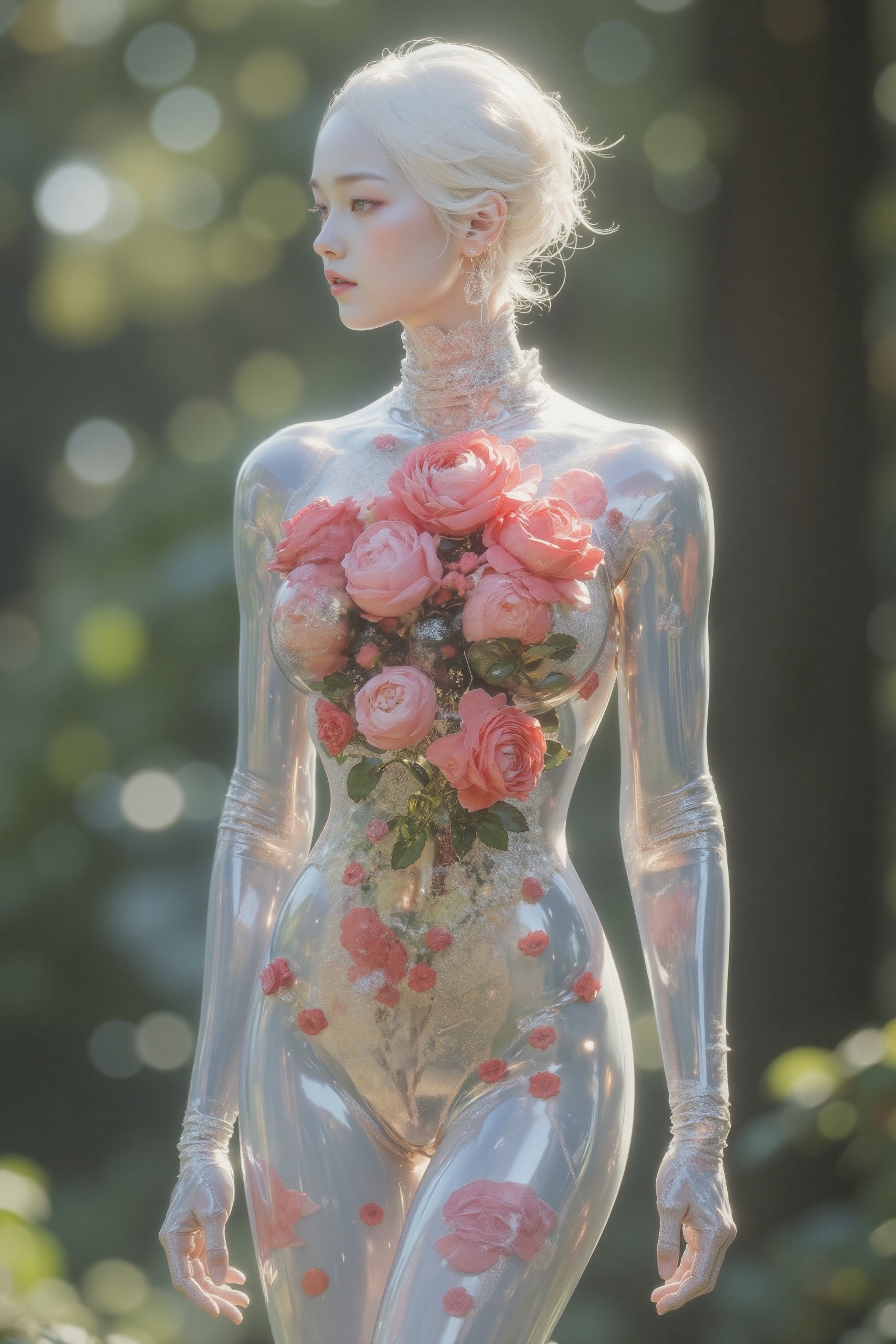 Graceful female translucent cyborg, features of a Nordic woman,Beautiful feminine body lines, the body is made of a translucent gel,Perfect translucent body, The body is as delicate as a crystal, with soft, diffused edges catching the light. Multiple blooming roses float inside the transparent body, creating an inner garden. Rose petals and stems in various shades of crimson and emerald green float inside the transparent gel body. The inner roses appear softly glowing, giving the transparent body a warm, organic contrast. Subtle refractions and distortions are visible through the structure of the gel body, transparent hair flows and rose petals are occasionally visible within it, the light passing through the body creates a prismatic effect and subtle shadows,Nicoletta Ceccoli X Daria Petrilli art,1girl,真實綠眼金髮美女