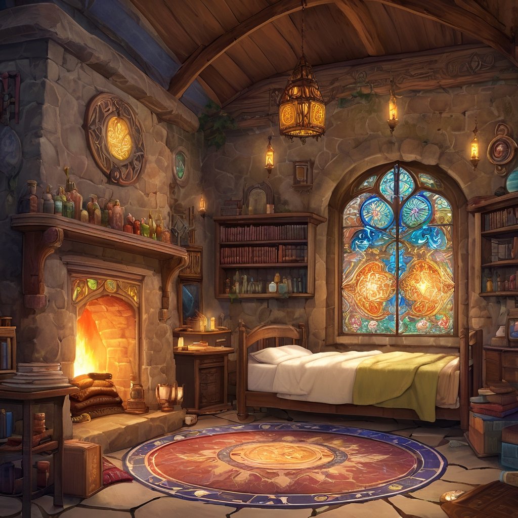 In a fantasy-style hospital room,  magic and practicality blend seamlessly. Intricate tapestries depicting mythical creatu...
