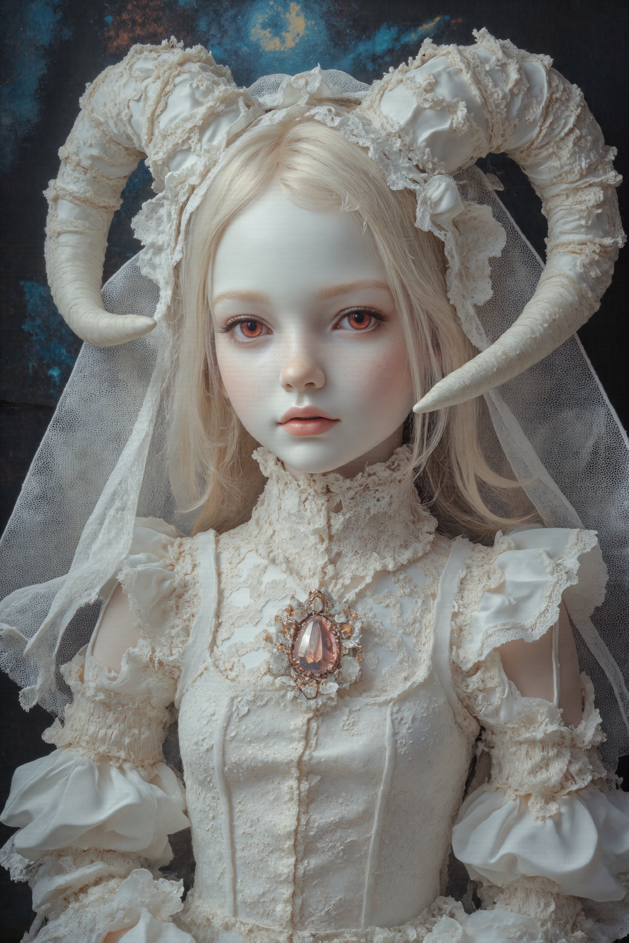 (long intricate horns:1.2) ,albino demon little girl,enchantingly beautiful, alabaster skin, A benevolent smile,girl has Beautiful red eyes,soft expression,Depth and Dimension in the Pupils, white eyelashes, Her porcelain-like white skin reflects an almost celestial glow, highlighting her ethereal nature,Every detail of her divine lace costume is meticulously crafted, adorned with jewels that sparkle with a divine radiance, Capture the subtle intricacies of the lacework, emphasizing the delicate patterns that complement her unearthly features. From the curve of her horns to the flowing elegance of her dress, every aspect contributes to an aura of supernatural allure. The jewels, carefully placed, create a mesmerizing dance of light that enhances her divine presence, Consider the composition to portray her in a setting that complements her celestial beauty, whether it's a moonlit garden or a mystical realm, Illuminate the scene with soft, enchanting light to accentuate the magical and mysterious atmosphere,The overall goal is to evoke a sense of wonder and captivation, celebrating the unique and transcendent beauty of this albino demon gir,watercolor \(medium\),PorcelainDollPrincess,nineten