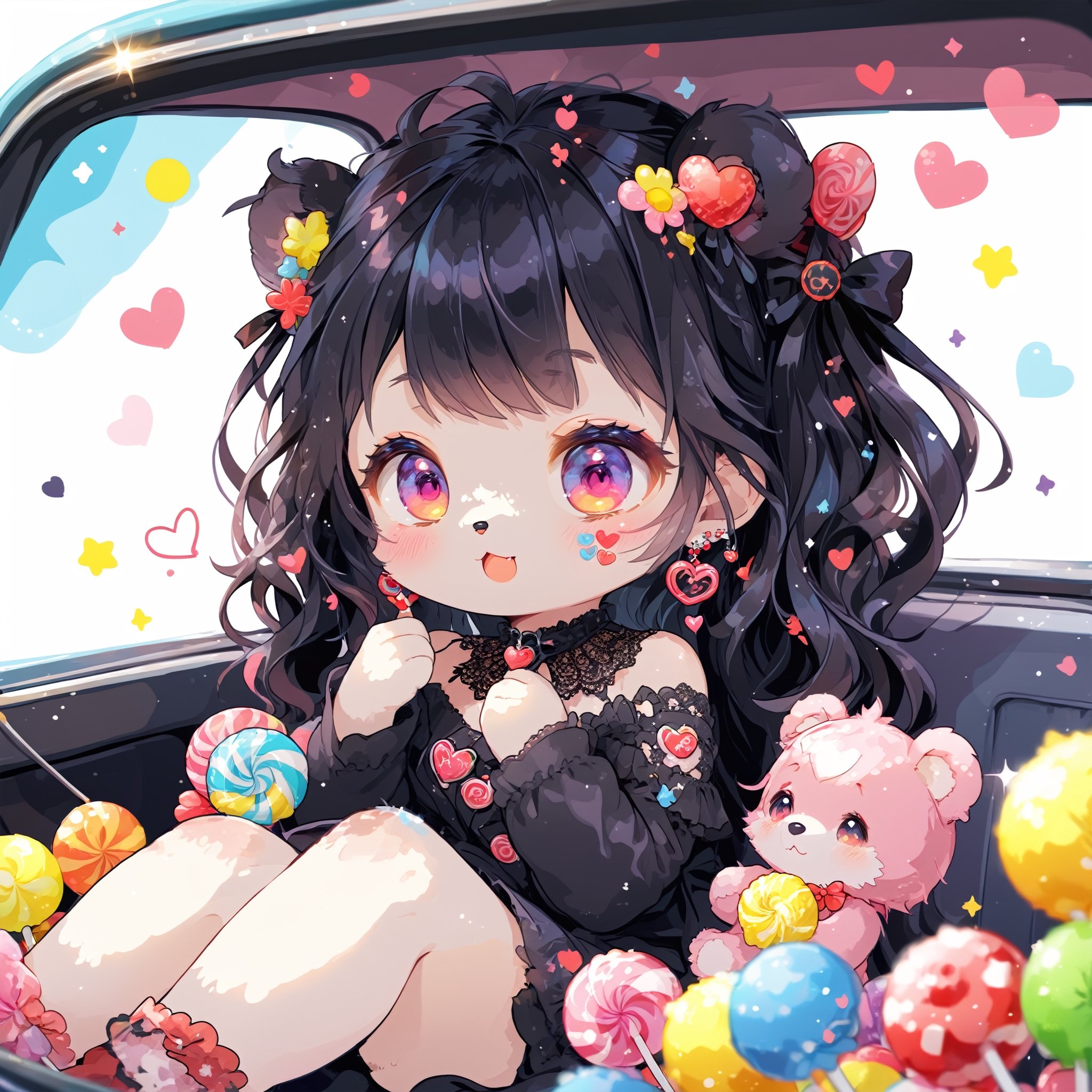 Pastel Candy Art,cute furry Teddy bear,Emphasize the unique synthesis of styles, in car,Gothic earrings,
heart \(symbol\),Candy\(symbol\), 
,colorful,chibi emote style,artint,sticker,furry,furry girl