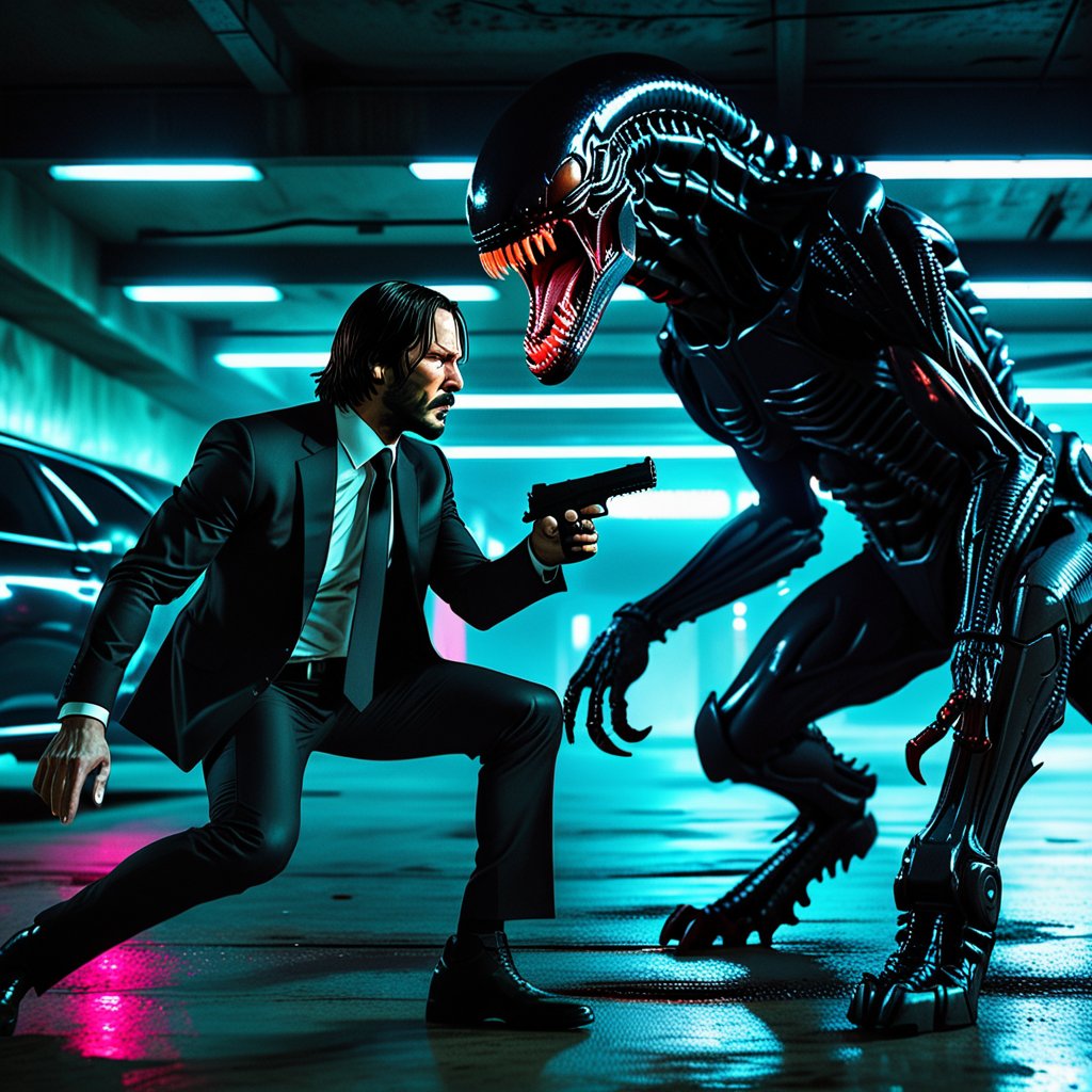 "John Wick,  in his signature black suit,  Brake faces off against a Xenomorph in a neon-lit underground parking lot. Wick...