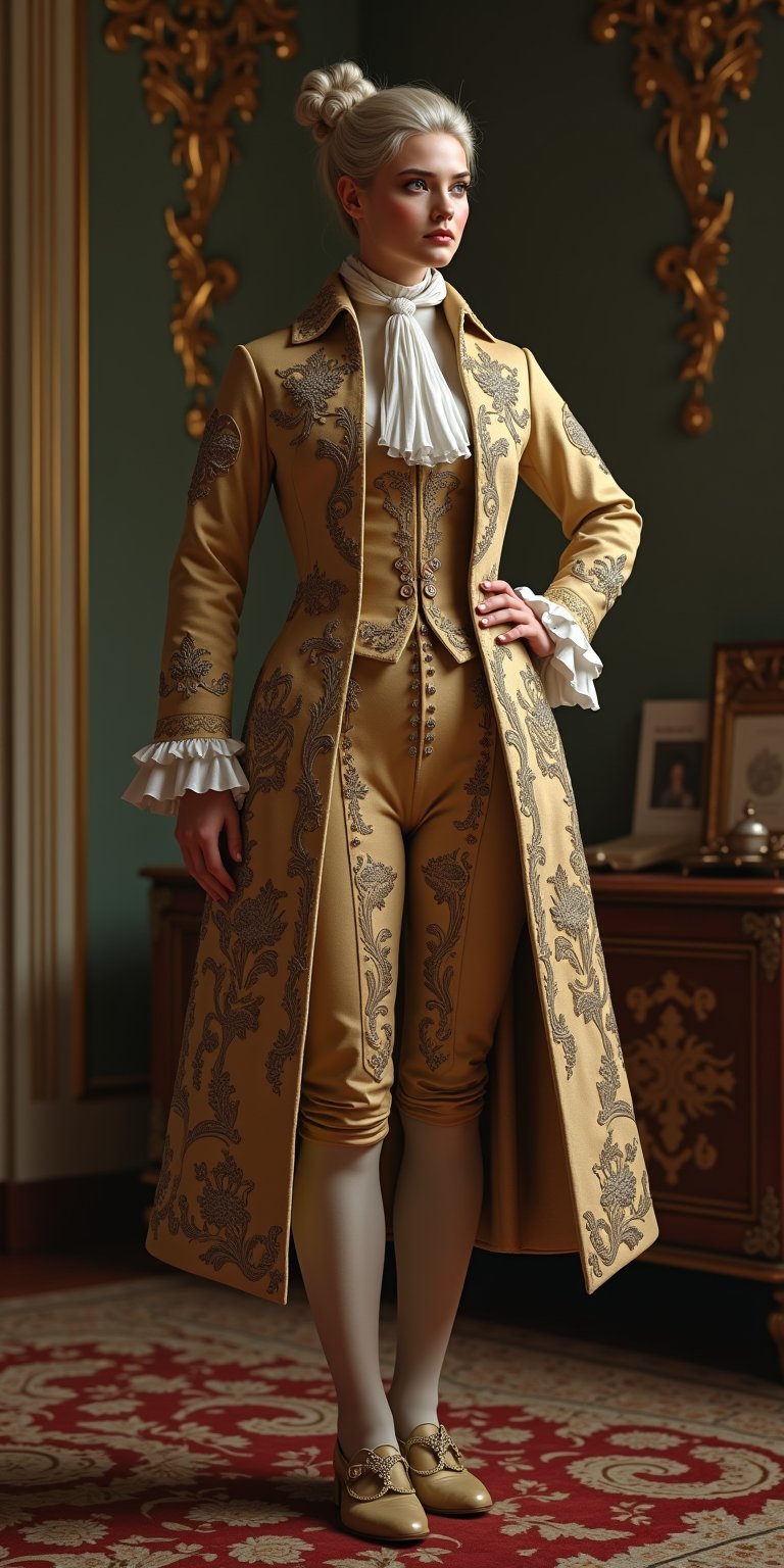 Elegant woman in 18th-century male attire,  wearing a luxurious habit à la française. Exquisite golden embroidery adorns t...