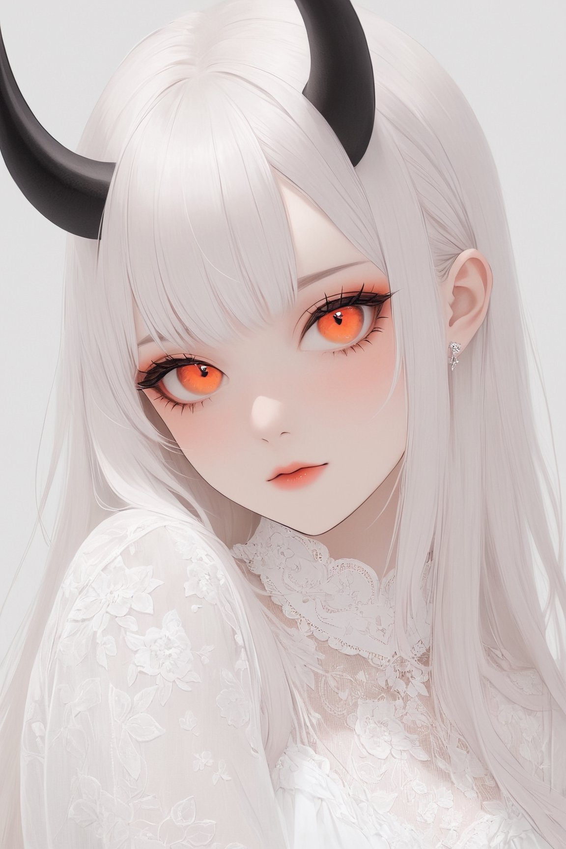 1 girl, albino demon girl, with lethargic sleepy smokey eyes,white eyelashes,((orange slit pupil eyes)),mesh fishnet blouse,pure White long dress, (long intricate horns:1.2) ,pink-emo