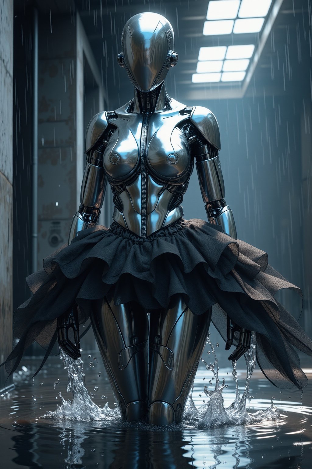 Concrete walls, bright light and soft rain falling from the ceiling, splashes,curvy,
Sleek female android wearing a ballet dancer's tutu, the android's entire body is made of reflective metal with a subtle bluish mirror-like finish.
Body details:
- Smooth curved surfaces with no seams,
- Highly polished surfaces that reflect distorted surrounding views,
- Faint blue metallic sheen in sunlight,
Head:((Featureless metal face)),((Gothic lolita style headdress made of black lace:1.2)),
Pose: Gracefully posed,
Lighting: Complex reflections and caustics from the water on the lower body,
Photorealistic rendering highlighting accurate metal properties and reflections. A balance of aesthetic appeal and technical marvel, cyborg style, mecha,,hanxhelm,