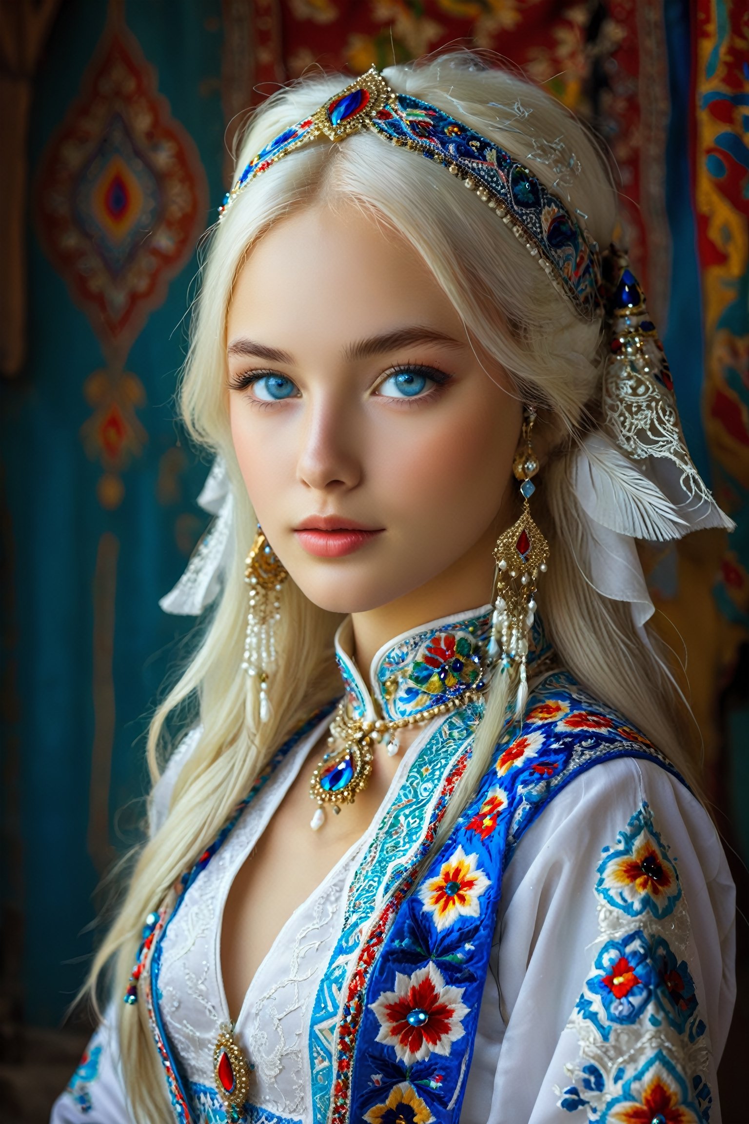 Beautiful Ukrainian girl,16 years old,A happy expression,Beautiful iris with high precision,blue eyes,Turkmenistan Chirpy,(Big breasts),(Deep cleavage),(long pure white hair),smooth hair,
Wearing traditional Turkmen wedding costumes intricately embroidered with delicate and beautiful patterns, characterized by bright colors and fine needlework, women wear headscarves and headdresses decorated with jewels and beads, adding elegance to their ensembles, earrings, necklaces, bracelets, and other accessories. accessories, red bottoms, and fur boots,Extremely Realistic