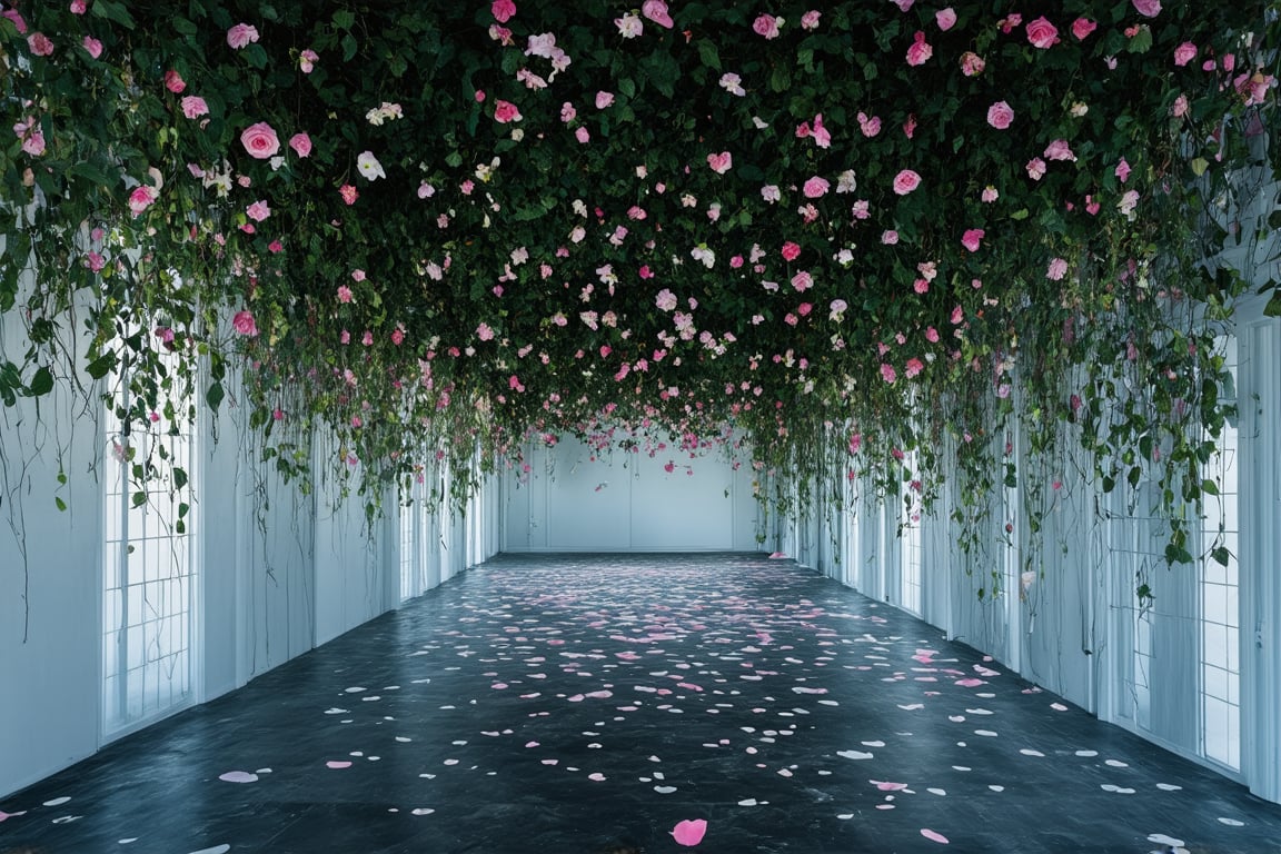 "Ethereal liminal space adorned with abundant flowers. Endless white corridor with soft,  diffused lighting. Walls and cei...