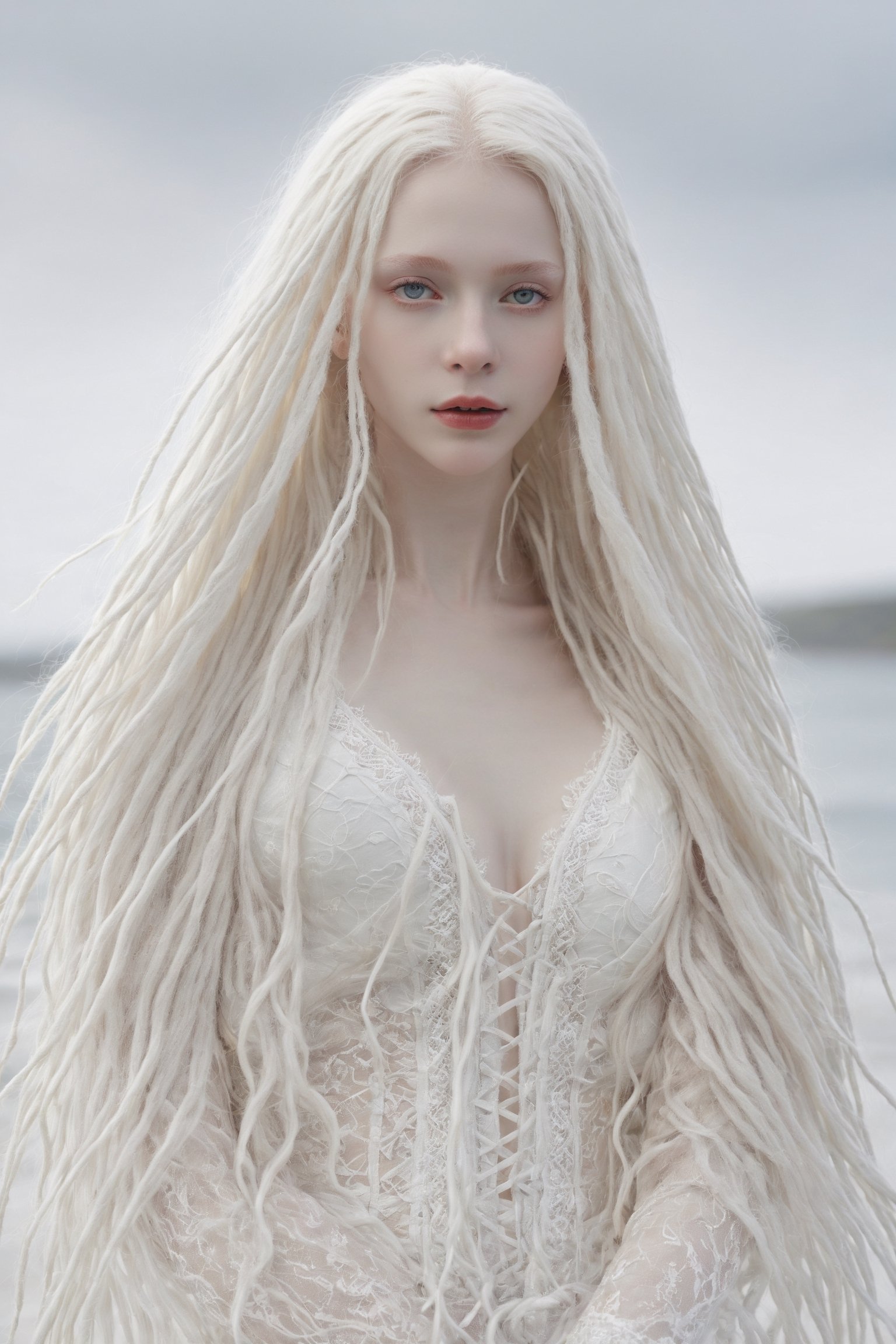 (best quality, 4k, 8k, highres, masterpiece:1.2), A creepy yet intriguing digital illustration portrait of a albino pale young girl, pure white very long dreadlocks hair,
psychedelic long hair, She wears a seductive white lace outfit with white fur accents, embodying the essence of allure and sensuality, ,valent_1314