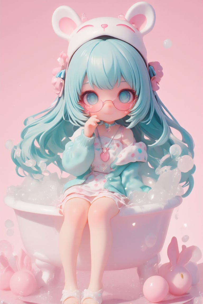 3D,Cute anime-style chibi figure, a girl with long, flowing turquoise hair. Big expressive blue eyes behind pink round glasses. Wearing a white polka dot dress with pink and blue dots, pink trim and a teal blue underskirt. Teal blue cardigan sweater, white and pink animal shaped eye mask on head with eyes closed, small bone decoration and blue ribbon. Pink ribbon in hair,Pink cherry shaped pendant necklace. White rabbit shaped slippers,Posed with one hand raised close to face. Bright expression, figure is immersed in a miniature bathtub full of bubbles,sit down,
Very well-made plastic figure on a clear stand. Soft pastel color palette. Professional product photography lighting and setup. ,lyh,dal,create figure 2,furry