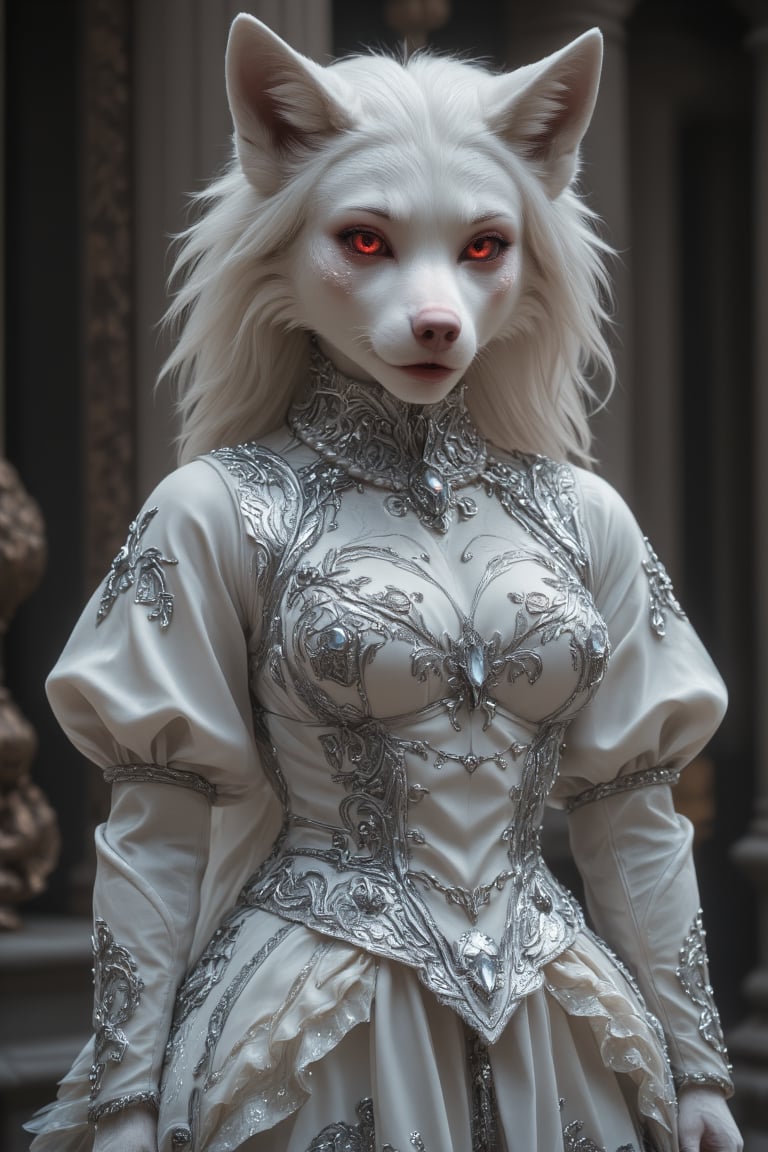 1girl,Furry, an elegant albino she-wolf android,wolf ear, wears a luxurious, form-fitting Française robe, a predominantly white gown with silver accents and intricate rococo patterns embroidered with metallic thread. I. The tight bodice flows into a voluminous skirt with cascading fabric folds and delicate shirring,

Beautiful fur, crimson eyes with mechanical irises,

Soft, diffused lighting that emphasizes the magical atmosphere. Highly detailed digital painting style. Capture Android's complex textures and subtle features at 8K resolution. , ct-identity, Midjourney_Whisper,furry,anthro