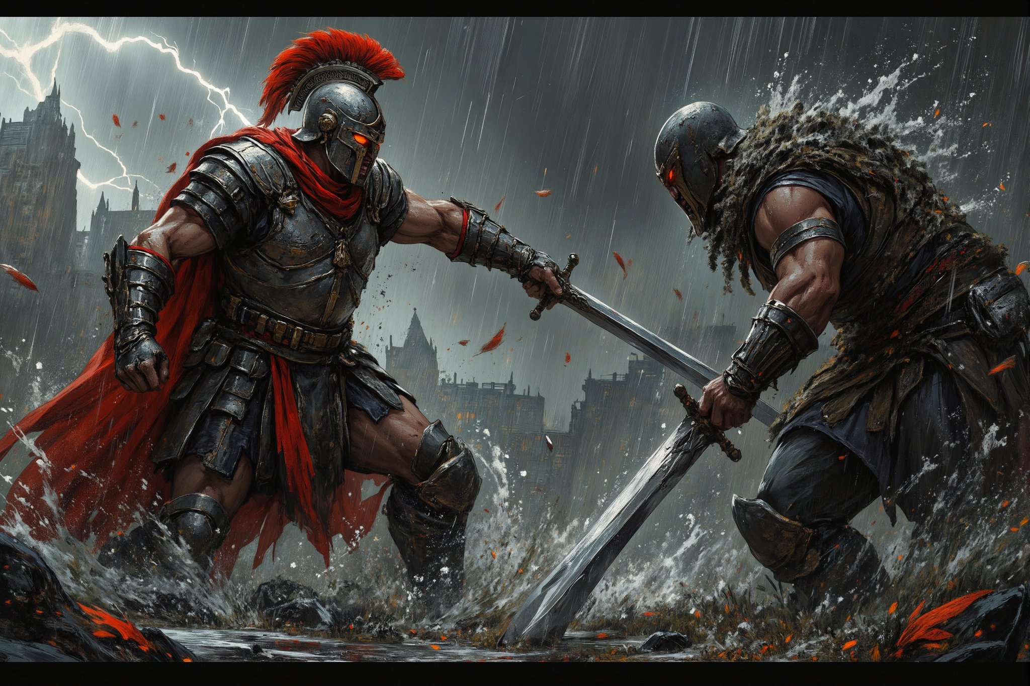 Surreal cinematic scene of fierce sword fight between Spartan hoplite and Viking warrior, heavy rain and howling wind. A Spartan wearing bronze armor, crimson cloak and iconic Corinthian helmet with red plume charges forward with sword, a Viking dressed in leather and fur holds a long Viking sword, both warriors' muscles tense and their faces contorted with fierce determination, rain, water and mud splash violently under their feet, raindrops and sweat splash from their bodies. Dark stormy sky background with flashing lightning. Debris and leaves swirl in the air. Close-up view captures the intensity in their eyes and the detail of their blades. Highly detailed textures of wet armor, leather and shining swords. Dynamic composition with diagonal lines highlighting the clash of blades. Desaturated color palette highlighting metallic grays, crimson reds and steel shine. ,WildfireFury,WildfireFury,Medievalx