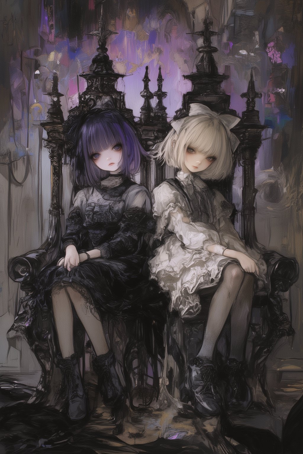 Gothic twin girls, ornate high-back chairs, decadent background, ethereal lighting, anime style, detailed illustration, 8k resolution, gothic lolita fashion, contrasting personalities, left girl: short purple hair, serious expression, black and white dress, crossed legs, right girl: blonde bob hair, white ribbon, cheerful smile, pure white lacy dress, relaxed pose, both with large eyes, delicate features, petite build, intricate chair designs with spire-like backrests and filigree patterns, dramatic light and shadow, dark mysterious atmosphere, decolatte,Manga  Yakuza Kamui X Georgia O'Keeffe,dal,ct-identityV2,watercolor \(medium\),kyute_doll,Nicoletta Ceccoli X Daria Petrilli art