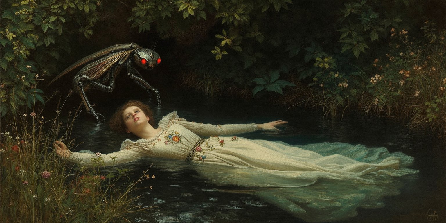 Pre-Raphaelite style painting based on Millais' Ophelia. Lush riverbank scene with drowning woman and eerie mantis-like robot,
Woman: Pale, serene face, arms outstretched in water. Elaborate period dress with embroidered flowers. Floating amidst water plants.

Nature: Dense foliage, wildflowers, reeds. Rich, detailed vegetation in deep greens and earthy tones. Calm, dark water reflecting surroundings.

Composition: Horizontal format, woman centered, surrounded by nature.

New element: Mantis-like robot partly hidden in foliage. Metallic body with insectoid features. Glowing red eyes observing the scene. Size comparable to a large dog.

Style: Hyper-realistic Pre-Raphaelite technique. Meticulous detail in nature and fabrics. Soft, dream-like lighting.

Mood: Juxtaposition of serene tragedy and unsettling futurism. Maintain original painting's melancholic atmosphere with added element of sci-fi unease.

Color palette: Lush greens, earth tones, muted florals. Robot in contrasting metallic hues with subtle red glow.,oil-on-canvas style of classic painting,AbmoilPainting