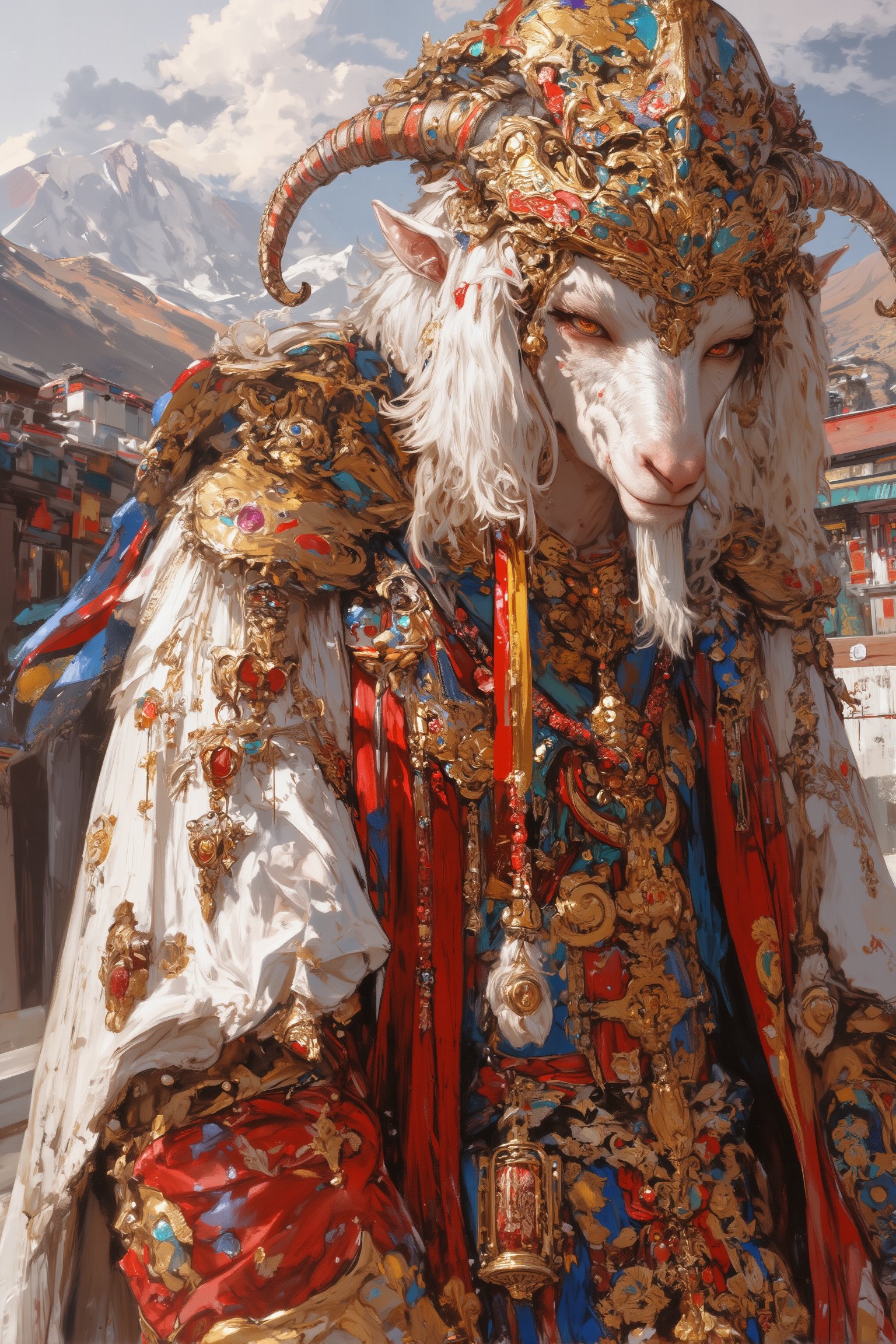 Majestic long-haired goat,  adorned in opulent Tibetan wedding attire,  Lustrous white coat cascading to the ground by mae...