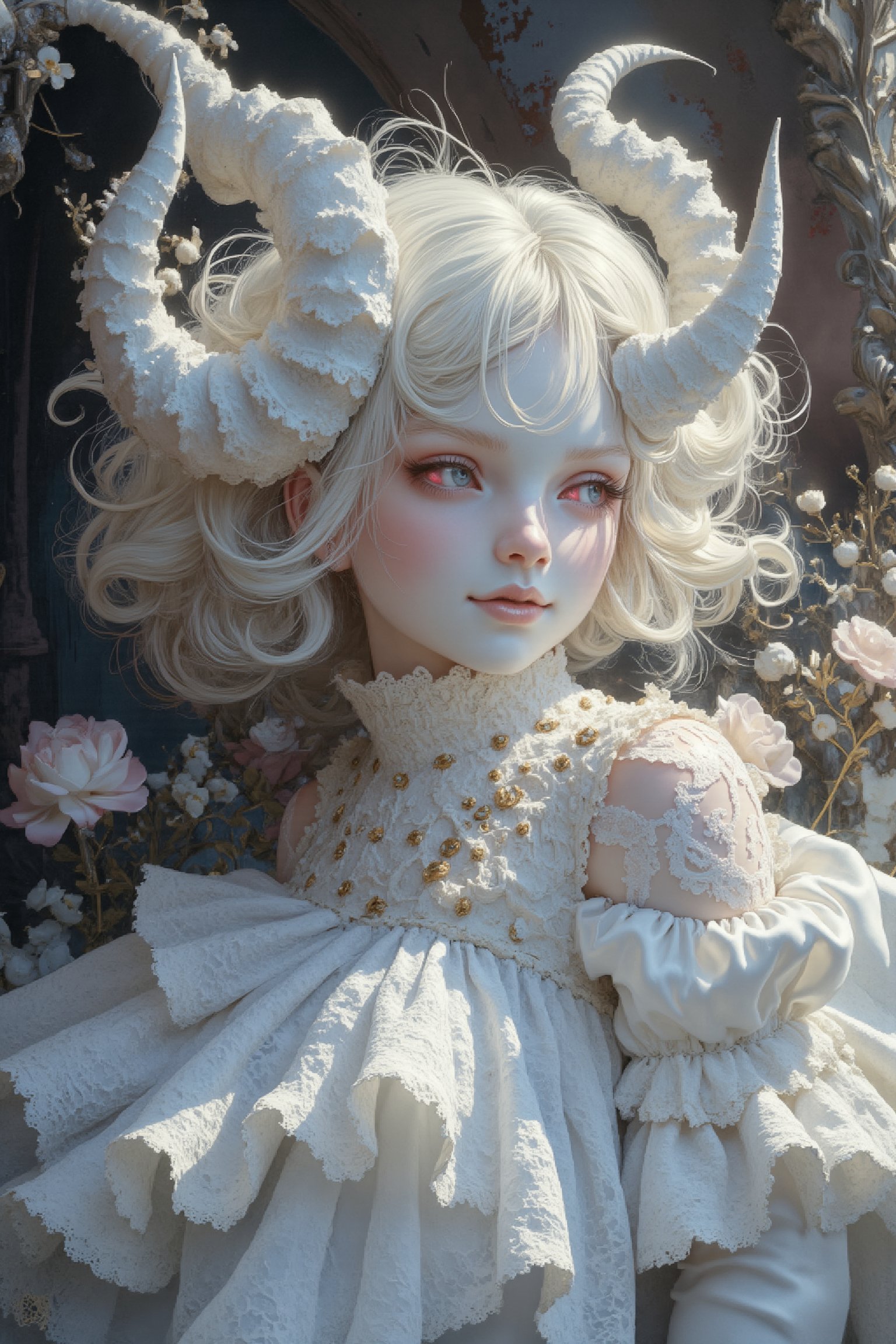 (long intricate horns:1.2) ,albino demon girl with enchantingly beautiful, alabaster skin, A benevolent smile,girl has Beautiful red eyes,soft expression,Depth and Dimension in the Pupils, white eyelashes, Her porcelain-like white skin reflects an almost celestial glow, highlighting her ethereal nature,Every detail of her divine lace costume is meticulously crafted, adorned with jewels that sparkle with a divine radiance, Capture the subtle intricacies of the lacework, emphasizing the delicate patterns that complement her unearthly features. From the curve of her horns to the flowing elegance of her dress, every aspect contributes to an aura of supernatural allure. The jewels, carefully placed, create a mesmerizing dance of light that enhances her divine presence, Consider the composition to portray her in a setting that complements her celestial beauty, whether it's a moonlit garden or a mystical realm, Illuminate the scene with soft, enchanting light to accentuate the magical and mysterious atmosphere,The overall goal is to evoke a sense of wonder and captivation, celebrating the unique and transcendent beauty of this albino demon gir,watercolor \(medium\),PorcelainDollPrincess