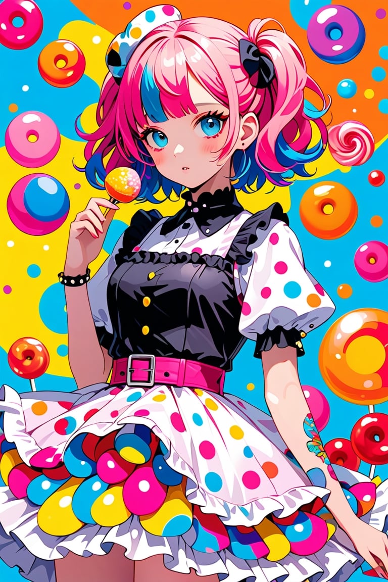 Colorful pop art, candy pop, lollipop punk, brightly colored berry beans, emo pink lolita girl,A dress made of jelly and ice cream,
 maximalism designemo,dal-6 style,Color Splash,Anime style