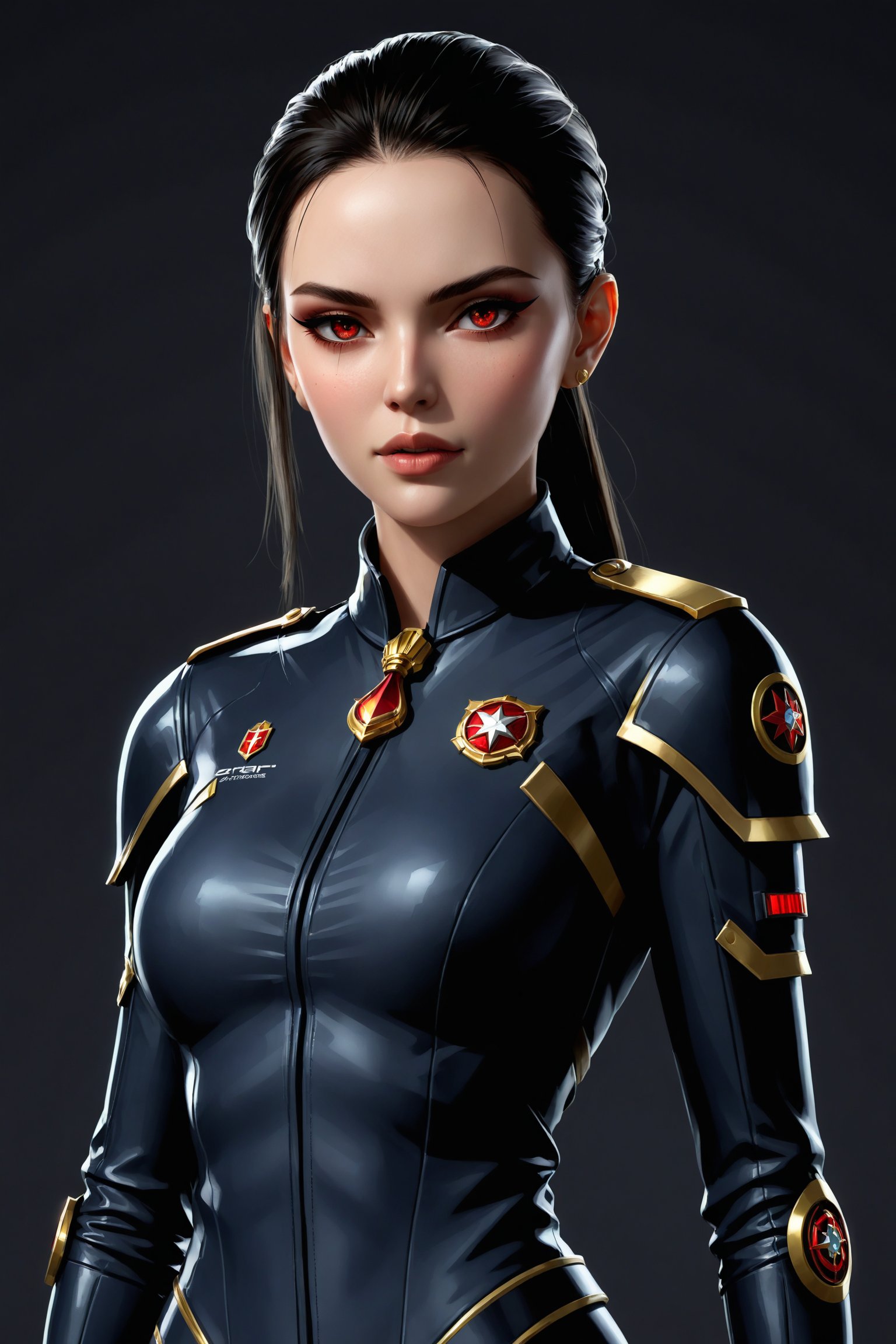 1girl,Cybernetic vampire soldier in elegant military dress uniform. Sleek, high-collared jacket with ornate gold braiding and medals. Pale skin with subtle metallic sheen. Glowing red eyes, retractable fangs. Cybernetic implants visible at temples and neck. Formal cap with holographic insignia. Holding futuristic rifle. Backdrop of grand, gothic-inspired military hall. Atmospheric lighting emphasizing contrasts. Blend of Victorian elegance, vampire lore, and advanced technology. Hyper-detailed textures