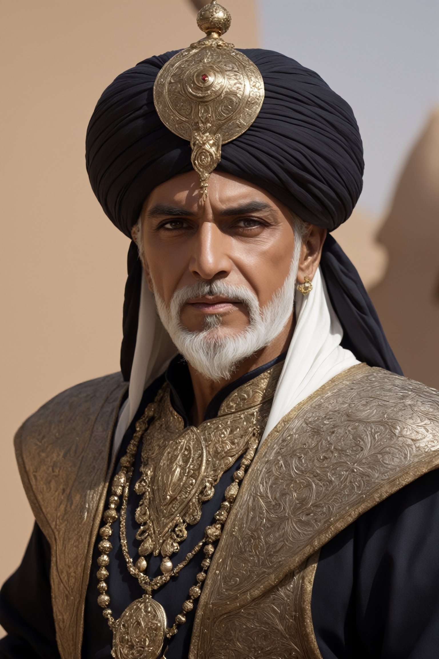 the medieval Arabian Elder warrior,  adorns himself in a sumptuous Arabian knight's attire,  ((Cowboy shot)) by maehara on...