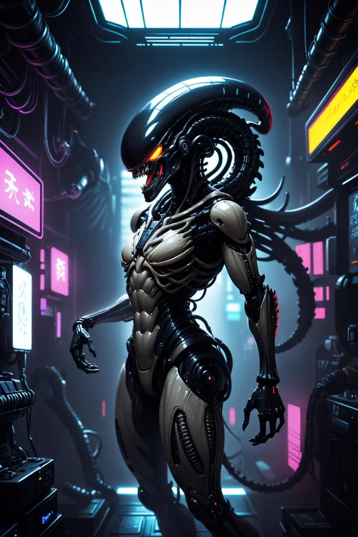 A cyberpunk-inspired Xenomorph,  The iconic extraterrestrial creature from the Alien franchise takes on a futuristic,  cyb...