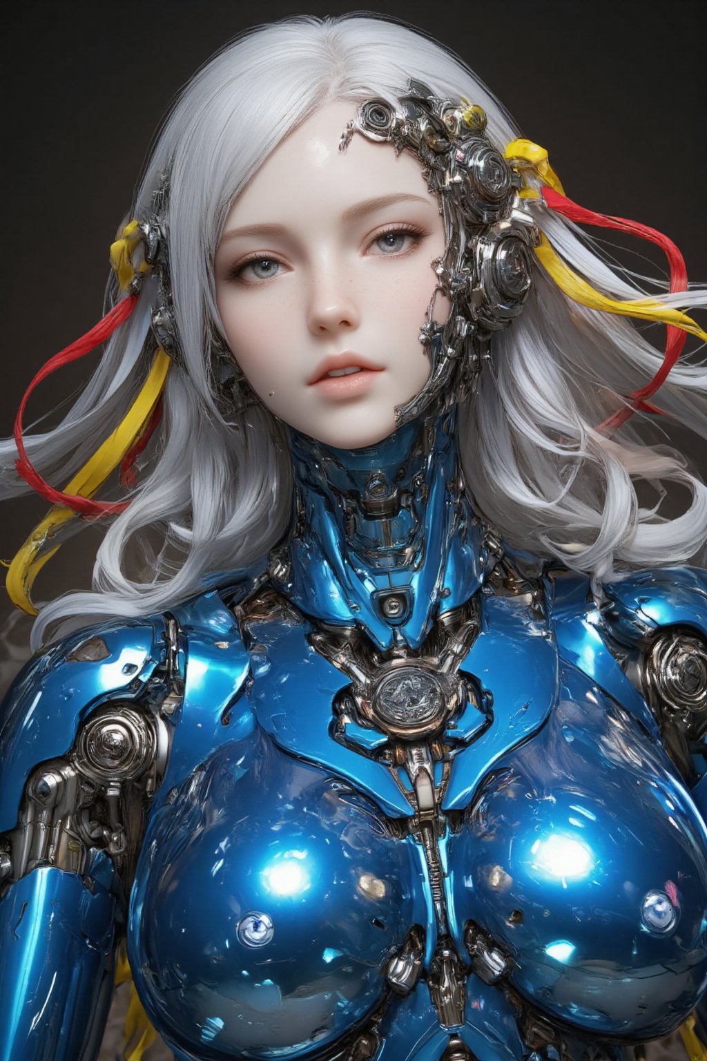 Female cyborg,  full body figure,  highly polished blue metallic body reflecting light like a mirror surface by maehara on...