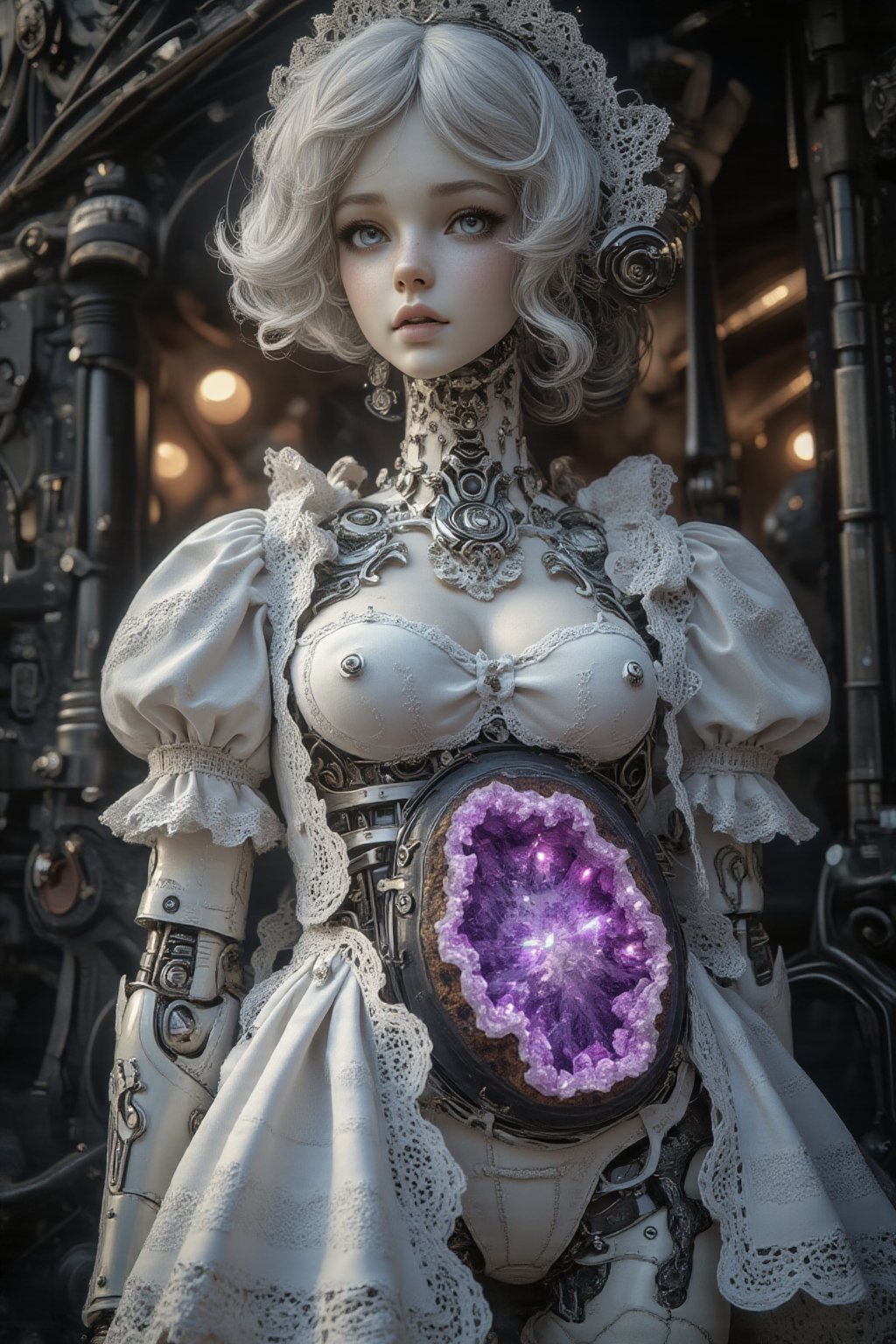 A striking female cyborg in Swiss folk attire, her abdomen a dazzling amethyst geode. Her porcelain-white body is adorned with a traditional Swiss dirndl dress, predominantly white with delicate embroidered edelweiss patterns in silver thread. The bodice is snugly fitted, accentuating the amethyst crystal cavity in her midsection.

The dress features puffed sleeves and a full skirt, slightly parted to reveal the cyborg's mechanical legs. A crisp white apron with intricate lacework overlays the skirt. Her head is adorned with a ornate white lace bonnet, framing her delicate facial features and piercing blue eyes.

The amethyst geode in her abdomen gleams with deep purples and violets, emitting a soft, ethereal glow. Mechanical joints and seams are visible at her neck, elbows, and knees, contrasting with the traditional attire.

Photorealistic render, high detail, dramatic lighting emphasizing the amethyst's sparkle and the dress's textures.,PorcelainDollPrincess,1girl,FantaVin Anime Art 