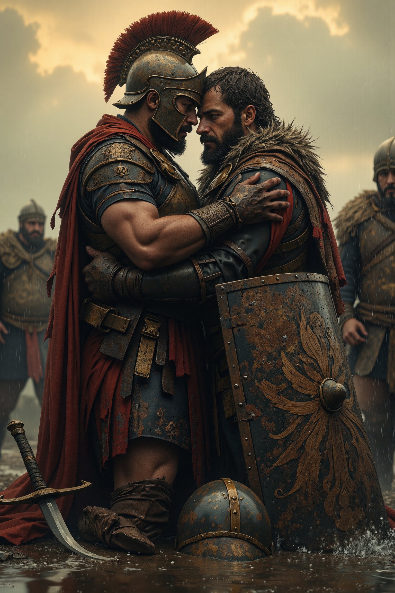 Emotional cinematic scene of a Spartan hoplite and Viking warrior embracing in reconciliation. Rain subsiding, soft light breaking through storm clouds. Discarded weapons in the foreground: a Spartan xiphos and Viking sword lying crossed. Spartan in dented bronze armor, torn crimson cape, Corinthian helmet pushed back revealing a weathered face. Viking in mud-splattered leather and fur, ornate helmet held under one arm. Both warriors locked in a tight embrace, relief and respect evident in their expressions. Muscles relaxed, postures open and vulnerable. Spartan's shield dropped nearby, partially submerged in a puddle. Mist rising from the warm bodies in the cool air. Background showing a battlefield aftermath, but focus on the two figures. Soft golden light illuminating the scene, reflecting off wet armor and creating a halo effect. Highly detailed textures of battle-worn equipment and exhausted but relieved faces. Composition centered on the embrace, emphasizing unity and peace. Color palette warmer than before, with touches of hope in the lighting.,WildfireFury,Medievalx