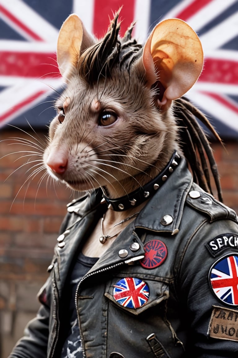 ((male brown rat:1.3)), spike hair  rat,
 Adopting gothic punk fashion, she wears earrings in her ears, a collar with studs around her neck,
Septum piercing, dirt, ratty dreads, patches, crust core, anti-union flag design, dirty torn studded spiked leather jacket, punk style jacket, lots of punk badges, military boots,
Dark and edgy pattern,anthro,DonMD347hM374lXL 