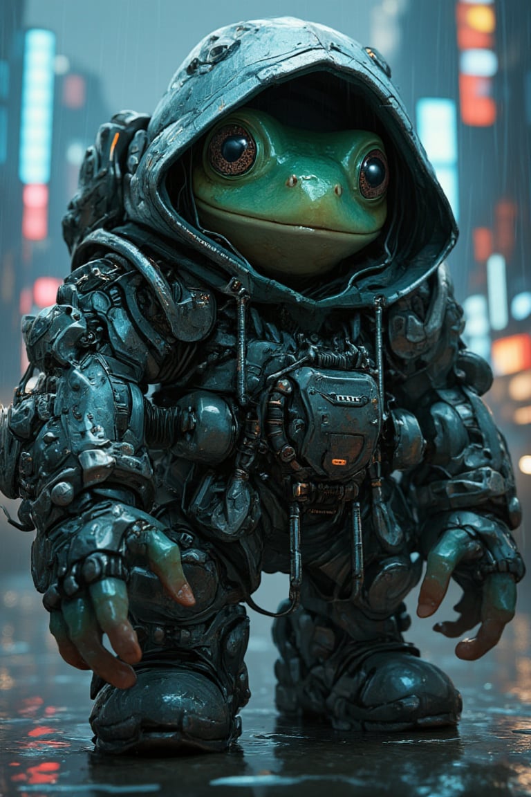 Anthropomorphic frog character in cyberpunk theme. Wearing a heavy, high-tech cyber suit with a large hood. Suit is weathered and grimy, with neon accents and exposed circuitry. Frog's face peering out from shadow of hood, with large, bioluminescent eyes. Moist, textured skin visible on face and hands. Chunky boots with hydraulic components. Neon-lit rainy cityscape in background. Photorealistic rendering with sci-fi elements. High detail, 8K resolution, dramatic lighting emphasizing the hood's shadow,lyh,Anime Style,ct-identityV2