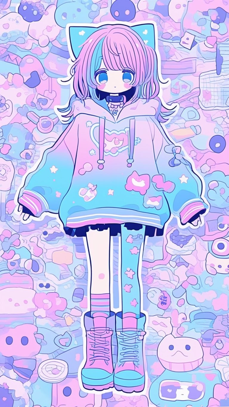 dal-3,,vtuber,
cute anime characters,Beautiful blue eyes,asymmetric bangs,candy punk Fashion,Hooded hoodie shaped like a cute kitten,cat ear hood,Pastel colored clothes based on blue and pink,Pastel Emo Fashion, Anime Print Shirt,Gothic Style tights, long military boots, score_7_up,dal-6 style,pink-emo,emo,dal-1