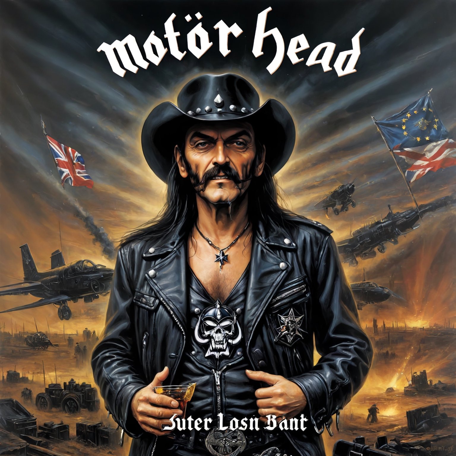 Album Cover Art  close up cyberpunk style, motörhead_cover, record cover,Album Cover Art, often for music albums, band branding, or iconic cover design
Lemmy Kilmister,black western hat,(holding whiskey bottle), anti union flag design, dirty torn studded leather jacket,military Style jacket,dirty black leather pants, dirty long torn leather boots,stained clothes, dirty torn leather jacket,photo r3al,mot枚rhead_cover,chibi