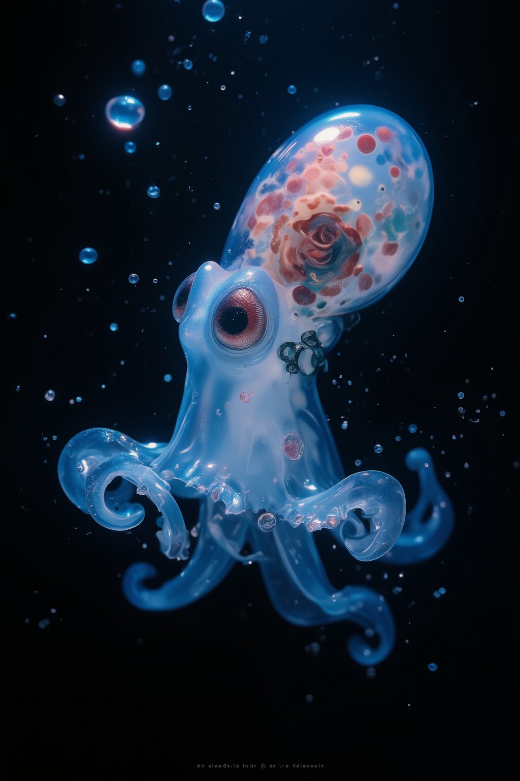 Close-up photograph of a small, translucent octopus floating in dark water. Body is pale blue and semi-transparent, allowing internal organs to be partially visible. Large, bulbous head with a spotted, reddish-brown mantle visible inside. Two large, round eyes with dark pupils, giving a curious expression. Eight tentacles spread out beneath the body, each arm thin and delicate with a slight curl at the ends. Tentacles have a series of small, round suckers visible along their length,The octopus is holding a rose flower with its tentacles,Skin has a gelatinous, glass-like quality with a slight iridescent sheen. Fine details such as chromatophores and small bumps visible on the skin's surface. Creature is suspended in deep, inky-black water, creating high contrast with its luminous body. Tiny particles and bubbles float around the octopus, suggesting movement in the water. Lighting appears to come from above, highlighting the translucent quality of the octopus and creating subtle shadows. Overall atmosphere is mysterious and ethereal, capturing the wonder of deep-sea life. Image style is high-definition underwater photography with sharp focus on the subject.,#jelly