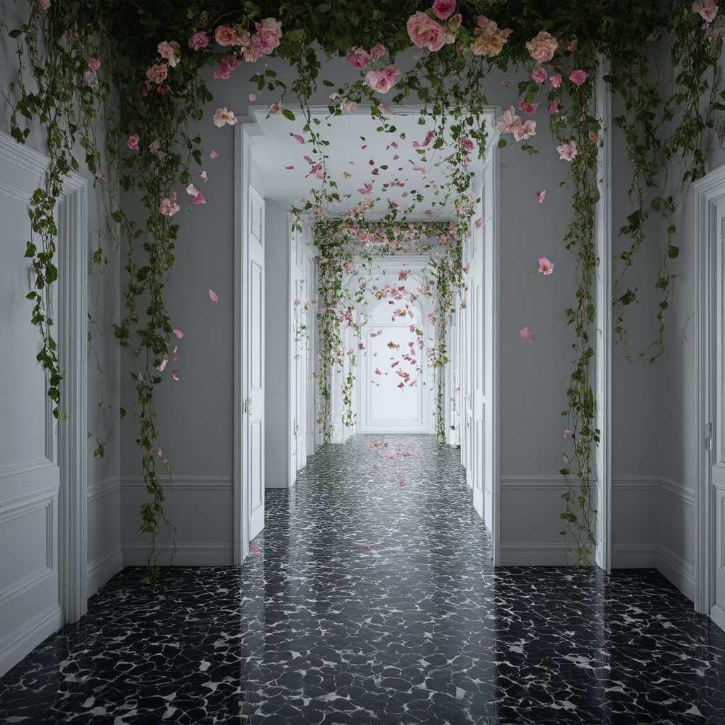 "Ethereal liminal space adorned with abundant flowers. Endless white corridor with soft,  diffused lighting. Walls and cei...