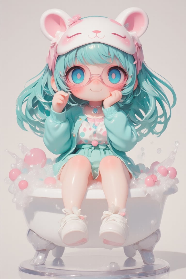 3D,Cute anime-style chibi figure, a girl with long, flowing turquoise hair. Big expressive blue eyes behind pink round glasses. Wearing a white polka dot dress with pink and blue dots, pink trim and a teal blue underskirt. Teal blue cardigan sweater, white and pink animal shaped eye mask on head with eyes closed, small bone decoration and blue ribbon. Pink ribbon in hair,Pink cherry shaped pendant necklace. White rabbit shaped slippers,Posed with one hand raised close to face. Bright expression, figure is immersed in a miniature bathtub full of bubbles,sit down,
Very well-made plastic figure on a clear stand. Soft pastel color palette. Professional product photography lighting and setup. ,lyh,dal,create figure 2,furry