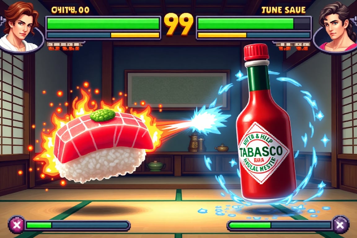 A pixel art style fighting game screen layout, dramatic battle scene. Left side: a photorealistic tuna nigiri sushi (fresh pink tuna slice over white rice, with slight wasabi visible) in fighting stance, floating above ground. Right side: a classic Tabasco hot sauce bottle, red cap and label clearly visible. Both combatants locked in intense battle. HUD elements: green health bars at top screen, yellow super meter bars below, digital timer showing "99" in center. Tabasco bottle shooting streams of red hot sauce with pixel art heat effects, fire particles, and motion blur. Tuna nigiri performing a counter-attack, surrounded by blue energy aura, small rice grains floating around it dynamically. Set in traditional Japanese room: detailed tatami mats, elegant shoji screens, wooden ceiling beams, soft paper lantern lighting. Visual effects: heat waves around Tabasco's attack, droplets of soy sauce splashing, dynamic lighting on rice surface, steam effects. Clean pixel art style similar to Street Fighter 3, maintaining realistic food textures. Background elements: decorative scroll in tokonoma alcove, tea ceremony tools on side. Dramatic camera angle with dynamic shadows, high contrast lighting highlighting