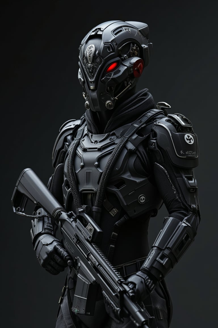 Hyper-realistic cyberpunk portrait,1man,Enemy design, advanced cyborg,sleek black military uniform with Nazi-inspired design,Rank insignia with hawk design,Holding Maschinengewehr 42,Mg42 heavy machine gun, long barrel machine gun,
black military boots,full body figure, intricate metal mask covering the entire face, cyber gas mask, red glowing eyes, dramatic lighting, highly detailed, 8k resolution, photorealistic, cinematic composition, visible cybernetic implants, futuristic technology, dark and gloomy atmosphere, sharp focus, high contrast, metallic textures, dystopian atmosphere, ultra-realistic rendering, volumetric lighting, ray tracing, depth of field,FluxPatt3rns,Capullo,ct-identityV2,mecha armour,hanxhelm