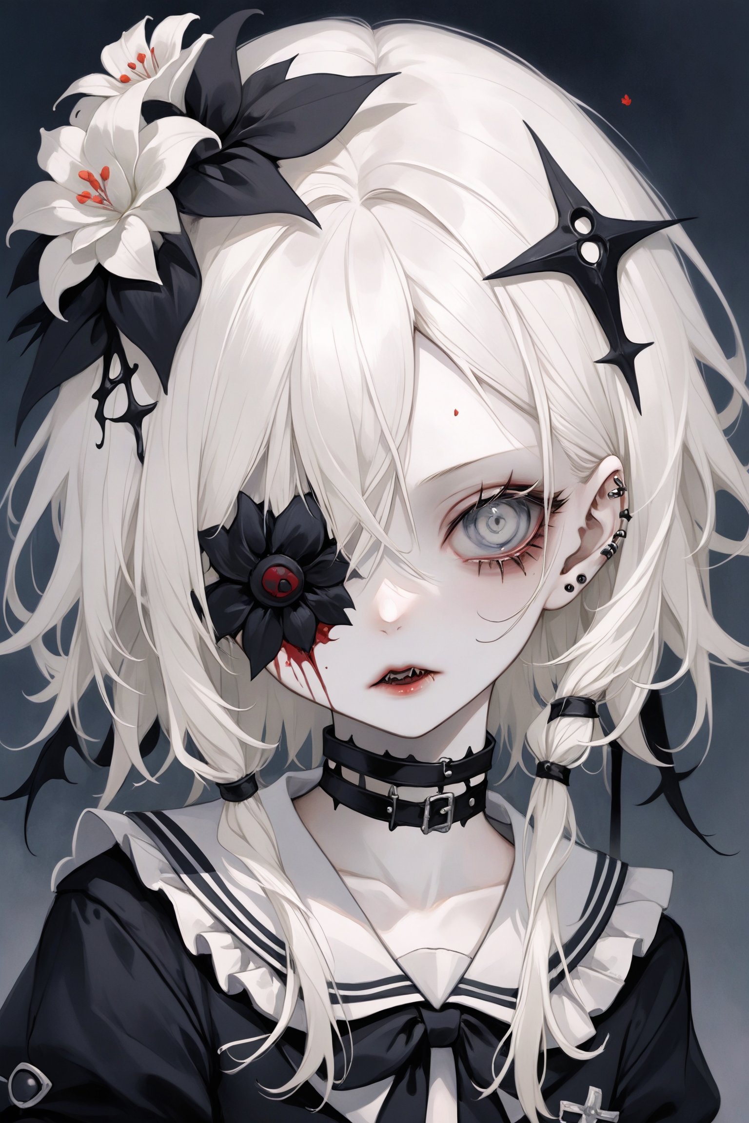 Albino girl in a disheveled gothic sailor suit, rebellious, pale complexion, (flowers jutting from her eye sockets),lip piercing,
Seductive yet distracting presence, carefree hair falling over her shoulders, framing her face with a morbid air,,dal,flower blindfold,Beautiful girl ,flower over eye,goth girl