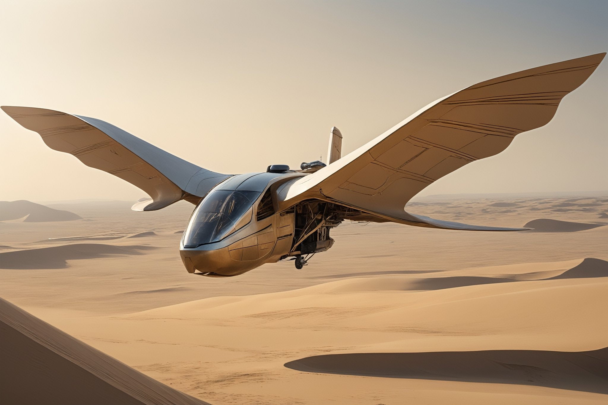 The giant ornithopter in Dune, an insect-like vehicle that flies through the air on flapping wings, its huge wings spreading across the desert sky,Four pairs of wings,
The exterior of the Ornithopter consists of huge dragonfly-like wings,armored and military looking,
In the desolate terrain of Dune, the ornithopter serves as an important means of transportation,