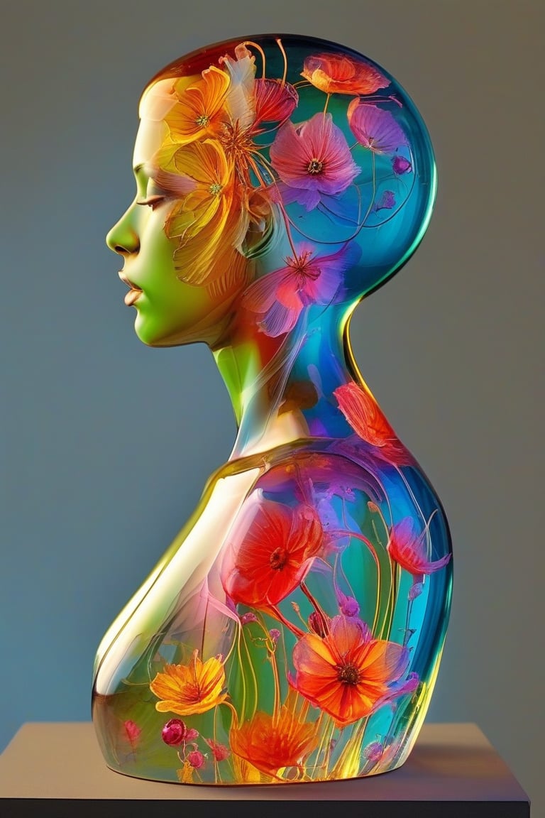 "A translucent glass bust of a woman, exquisitely crafted with smooth, flawless surfaces. The sculpture captures delicate facial features, a graceful neck, and the curve of shoulders. Inside the hollow form, a mesmerizing array of mystical flowers blooms, filling the entire interior. These ethereal blossoms radiate in seven distinct colors - vibrant red, warm orange, sunny yellow, lush green, deep blue, rich indigo, and royal purple. The flowers seem to float and gently swirl within the confines of the glass, their petals and stems creating intricate patterns. Soft, multicolored light emanates from within, causing the glass to glow and creating a prism-like effect on nearby surfaces. The contrast between the clear, solid glass and the vibrant, seemingly alive interior creates a captivating juxtaposition.,hyperrealistic