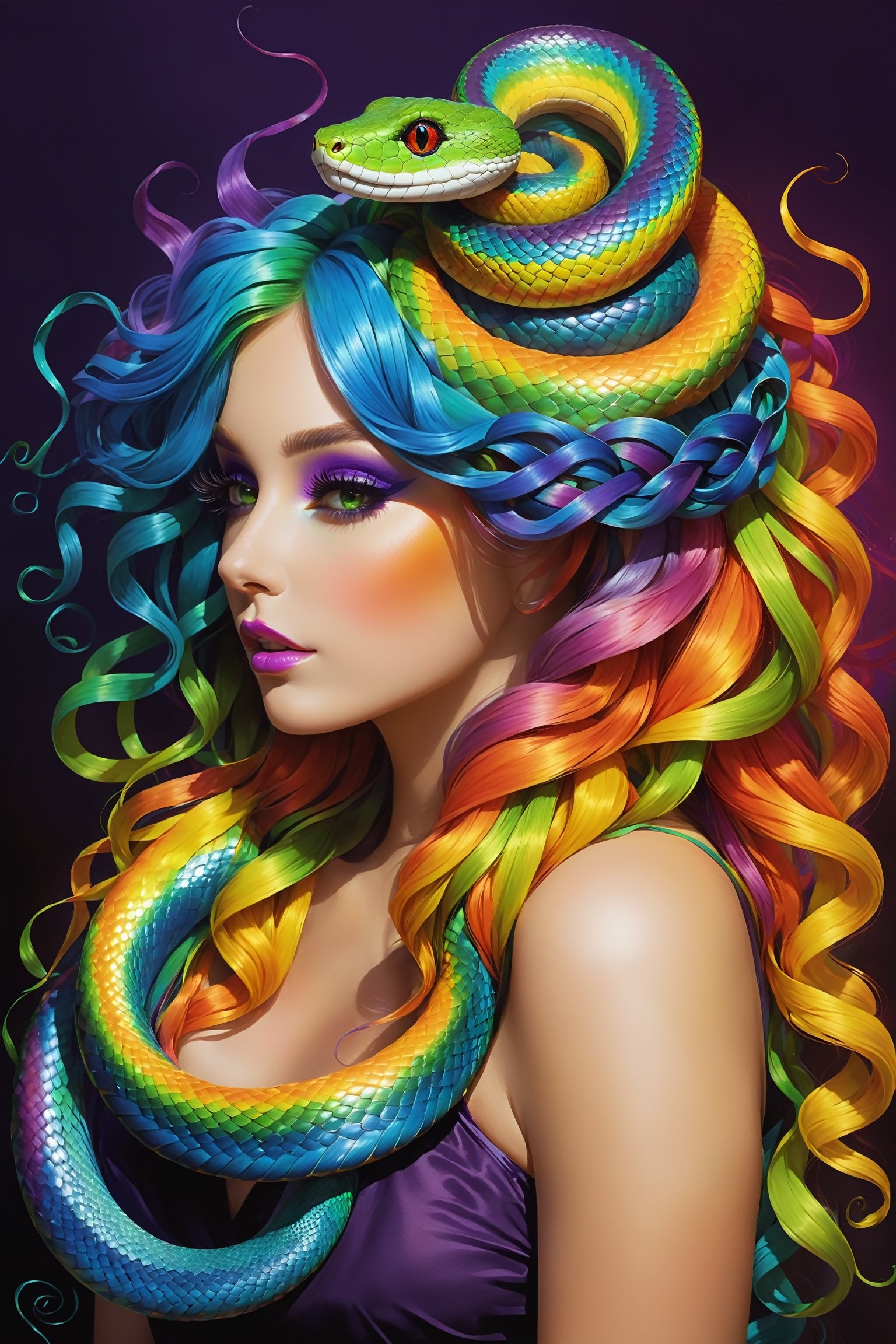 Medusa,(hair is a seven-coloured snak),hair  a rainbow serpent, slithers gracefully amidst the shadows, Each of her serpentine locks pulses with vibrant colors,Rainbow haired girl ,girl with snake