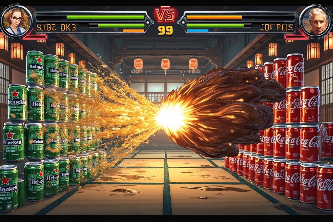 A pixel art style fighting game screen layout, epic battle scene. Left side: an army of Heineken beer cans in formation, metallic green aluminum cans with iconic red star logo, some cans floating and rotating, creating a wave-like attack pattern. Right side: multiple classic Coca-Cola cans in defensive stance, red aluminum cans with white wave design clearly visible. HUD elements: green health bars top screen, yellow super meter bars, center timer showing "99". Dynamic special attack scene: Heineken cans unleashing a massive wave of golden beer spray with foam effects, bubbles, and light refraction. Coca-Cola cans retaliating with a swirling tornado of dark cola liquid, creating splash effects and carbonation bubbles. Set in traditional Japanese room: tatami mats, shoji screens, wooden beams, paper lanterns. Visual effects: liquid physics, carbonation particles, metallic reflections on can surfaces, dynamic lighting on liquid sprays. Many cans in motion blur showing rapid movement, creating geometric attack formations. Background elements: some damaged shoji screens from battle impact, flickering lantern lights casting dynamic shadows. Pixel art style similar to Metal Slug games, detailed liquid and metal textures. Both brands' logos and designs clearly visible on cans. Environmental interaction: puddles of beer and cola on tatami, floating droplets, foam effects. Multiple layers of cans creating depth in battle scene.,fighting game UI PC VERSION "VS" fight