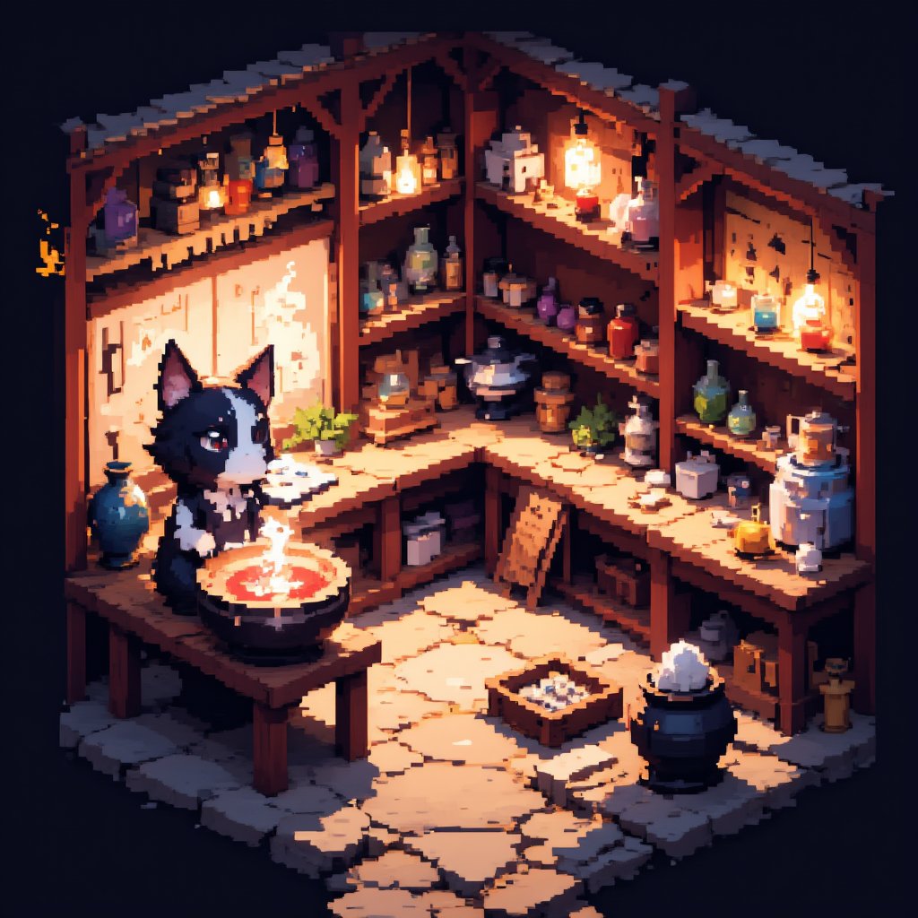 Isometric pixel art ,fantastical alchemist shop, 16-bit style, female anthropomorphic dog shopkeeper, magical potions and ingredients, steaming cauldrons, ancient spell books, crystal balls, glowing runes, floating herbs, colorful liquids in glass vials, wooden shelves filled with curiosities, enchanted artifacts, medieval fantasy setting, warm candlelight, cobblestone floor, cluttered workbench, magical symbols etched on walls, bubbling experiments, mystical smoke effects, cute pixelated characters, vibrant color palette, retro game aesthetic, detailed micro scenes, alchemy apparatus, mortar and pestle, star charts, dragon eggs, fairy dust jars, magical wands, quirky fantasy elements, cozy shop interior, charming pixel details, depth through dither shading, isometric perspective grid, clean pixel edges, no anti-aliasing,Pixel Art