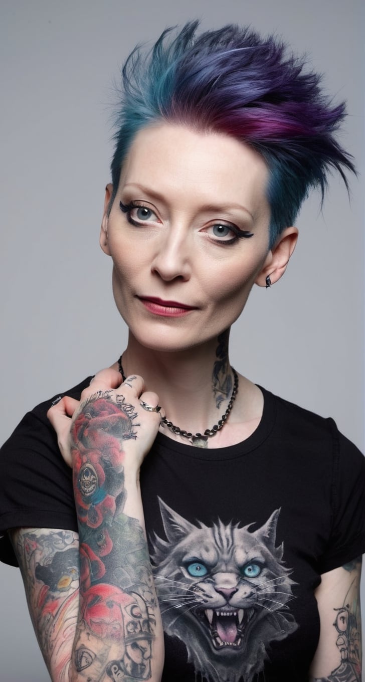 ultra Realistic, 
(Emo fashion Girl),(tilda swinton),
Gothic style make up,multi color hair,mouth Pierce,
eyelash extension,distressed sleeve tight shirt, Face paint cat whisker,
Lot Tattoos,skin tight jeans,draven SLIP-ons,

aesthetic portrait,photo r3al