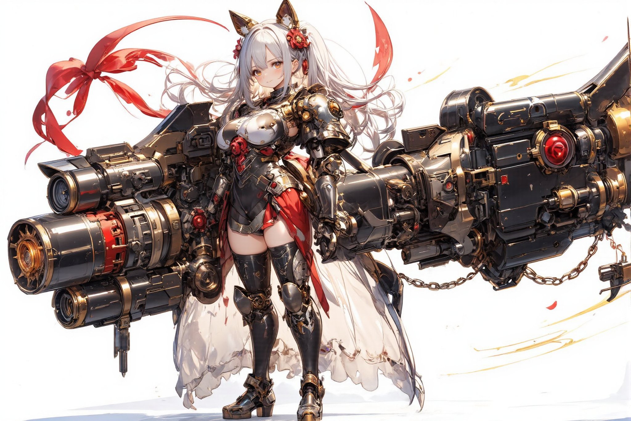 1girl,Anime-style illustration of a fierce young woman, wielding an enormous gatling gun, Character: dual-colored hair, (white and gold twintails), red flower accessories,Outfit: black and red dress with goth-inspired details, thigh-high boots. Expression: determined, slightly cocky smile,Pose: dynamic, holding massive weapon, body turned slightly,
Gatling gun: oversized, futuristic design. Black metal body with red accents and glowing parts. Multiple rotating barrels, complex mechanical details. Gun larger than the character herself,
Color scheme: primarily black and red with white accents,Style: highly detailed anime art, clean lines, emphasis on mechanical designs. Background: plain white, focus entirely on character and weapon.
Additional details: red ribbon-like elements flowing from dress and gun, intricate patterns on clothing and weapon, slight metallic sheen on gun parts. Overall impression: powerful, stylish fusion of traditional Asian aesthetics with futuristic weaponry.,Anime Style,fantasy girl,\mechako\, plasma gun