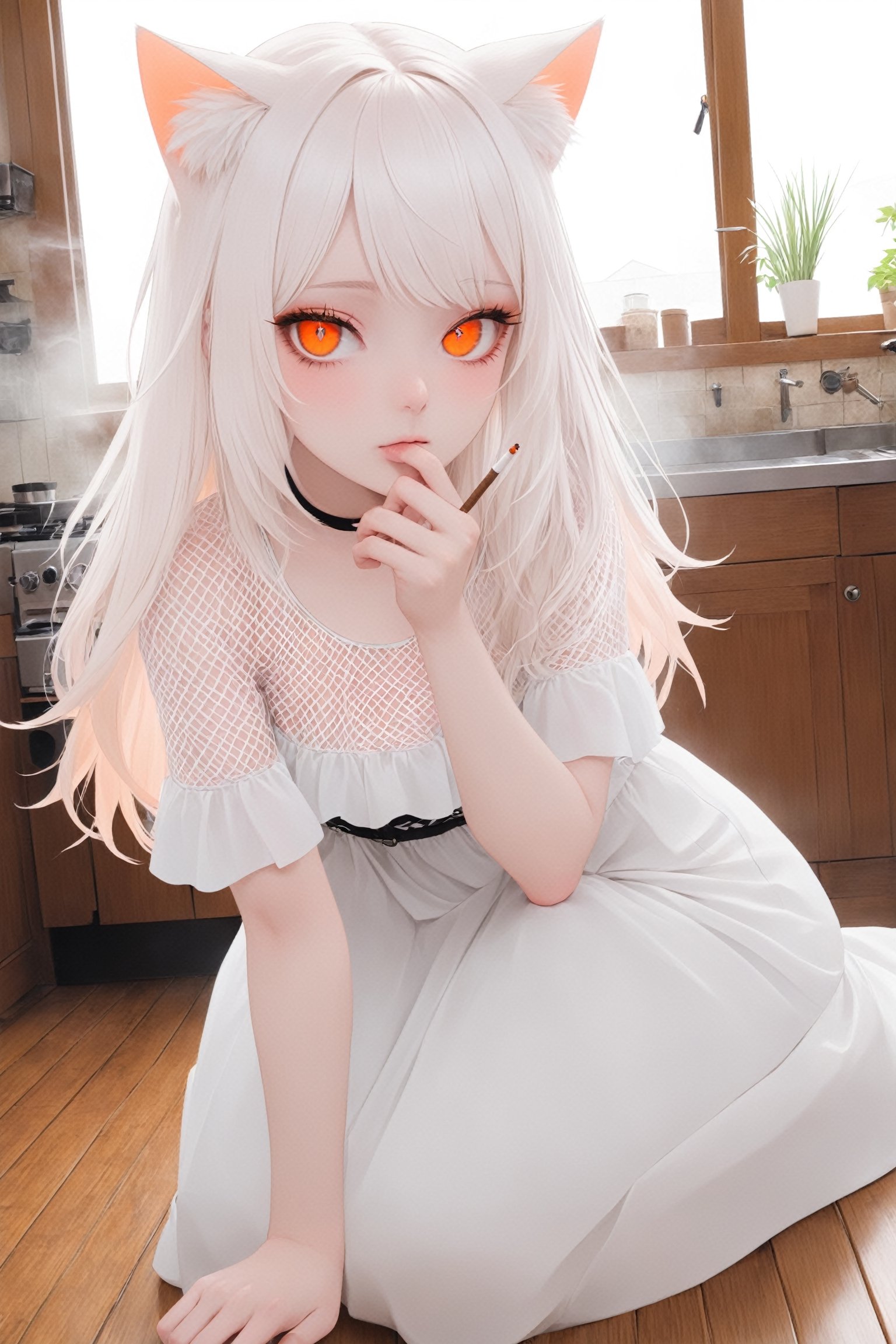 1 girl, albino cat girl,cat ear, with lethargic sleepy smokey eyes,white eyelashes,((orange slit pupil eyes)),mesh fishnet blouse,pure White long dress, ,pink-emo,catgirl,smoking a delicious cigarette, wooden floor,House Background,JPkitchen,