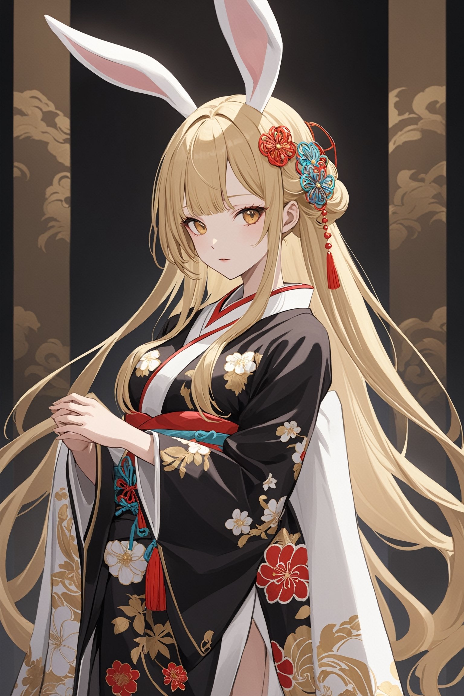 beautiful bunny Girl,blonde hair, adorned in a Baroque-style Japanese bunny suit, exudes elegance as she stands gracefully, Her attire features sleeves reminiscent of a kimono and intricate embroidery, seamlessly blending the beauty of Japanese and Western cultures,Her hair is adorned with ornate Japanese hair accessories,