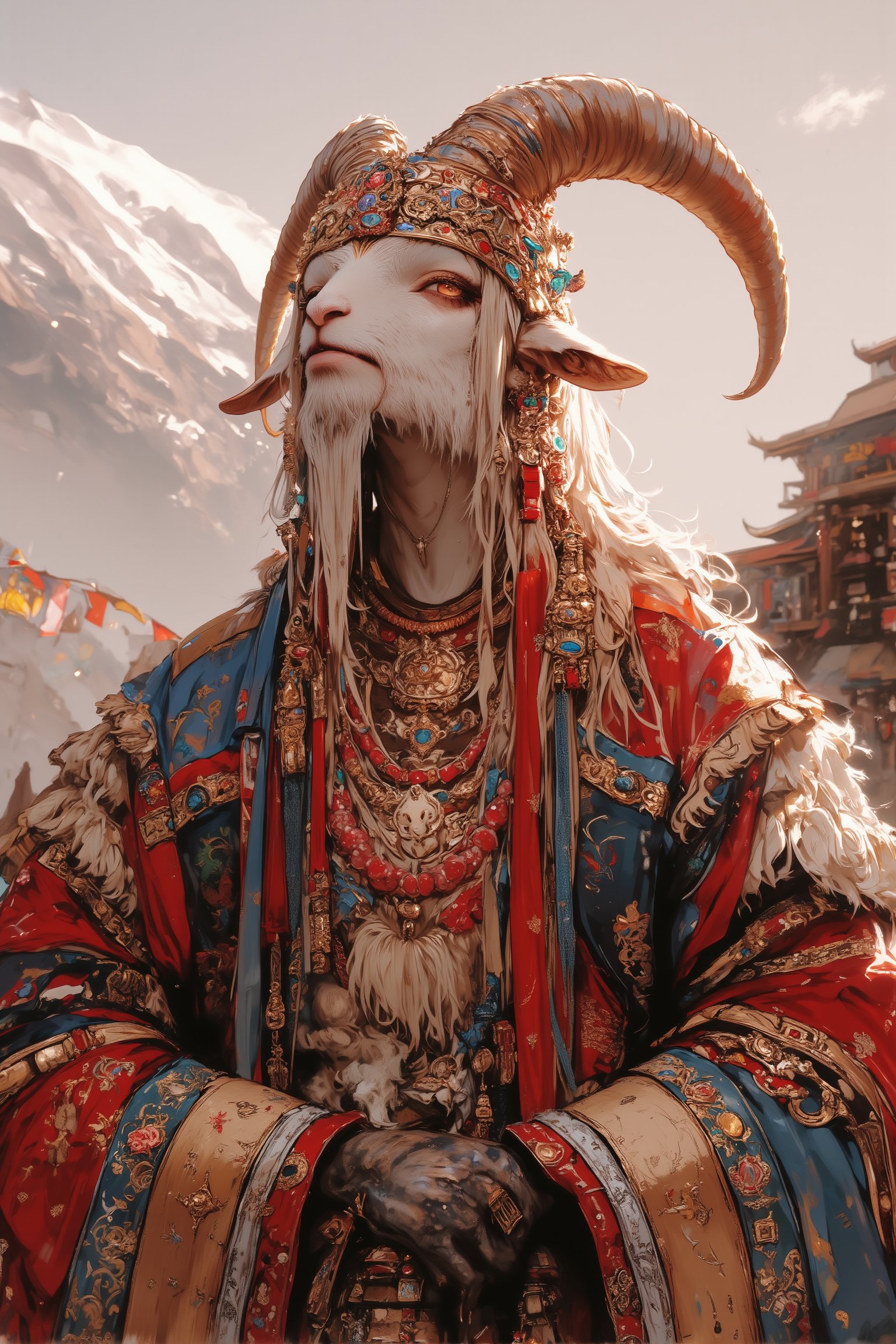 Majestic long-haired goat, adorned in opulent Tibetan wedding attire, Lustrous white coat cascading to the ground, meticulously groomed and adorned with intricate braids and golden threads woven throughout,

Headpiece: Elaborate gold and red crown featuring turquoise and coral inlays. Long silk ribbons in vibrant hues flow from the crown, intertwining with the goat's silky fur,
Facial features: Striking amber eyes, decorated with kohl-like patterns. Beard adorned with small golden bells and colorful beads,
Body attire: Rich red silk chuba (traditional Tibetan robe) embroidered with golden dragons and auspicious symbols. Wide sleeves trimmed with fur and adorned with intricate brocade patterns,
Accessories: Multiple strands of coral and turquoise necklaces drape the neck. Gold-plated hooves. Ceremonial scarf (khata) in white silk draped across the back,
Background: Misty Himalayan peaks, prayer flags fluttering in the breeze. Ornate temple architecture visible in the distance,
Lighting: Soft, golden sunlight highlighting the goat's regal bearing and the rich textures of the costume,
Overall impression: A surreal blend of animal grace and human cultural richness, embodying Tibetan wedding traditions in a whimsical, elegant manner.,furry