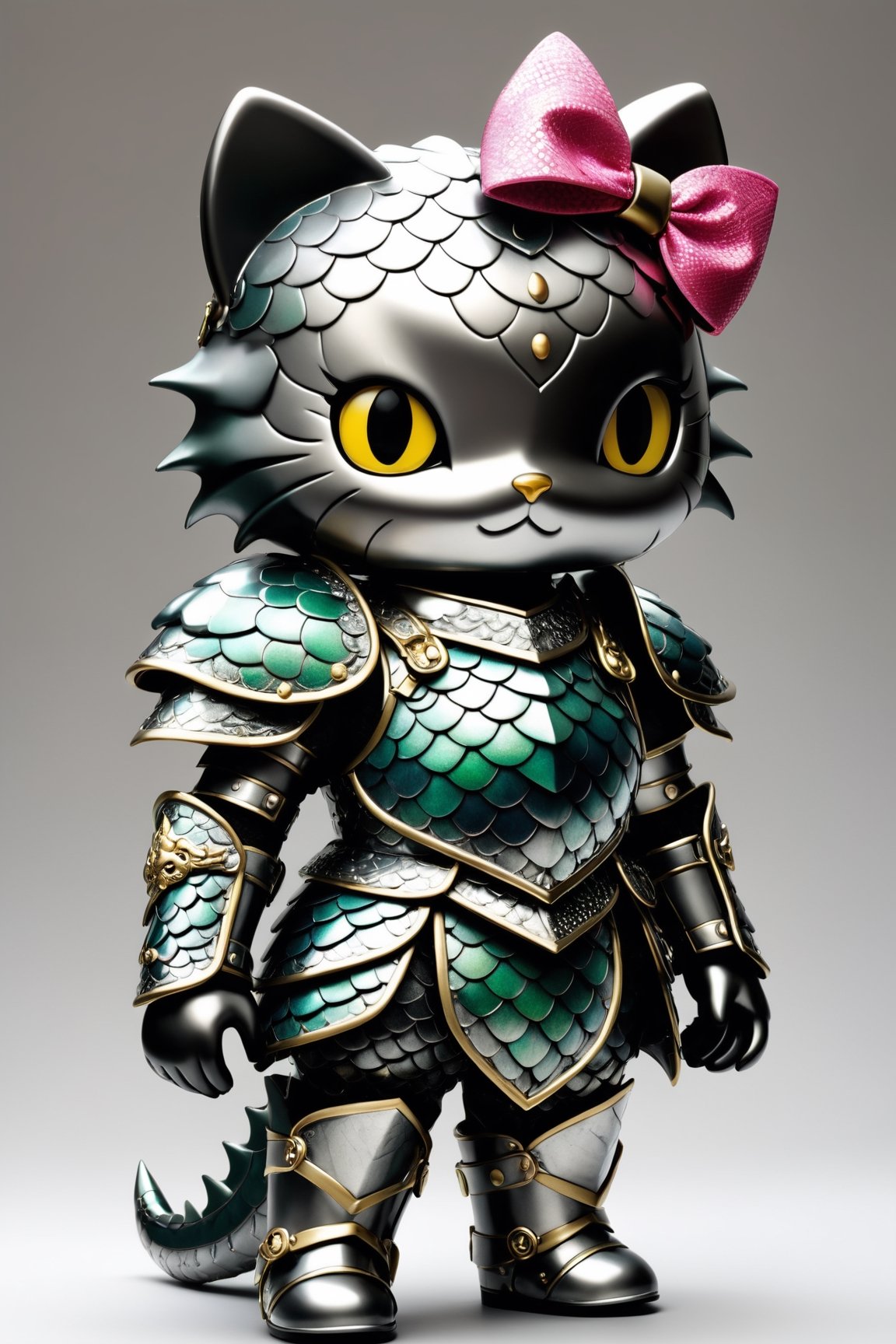 A Hello Kitty adorned in gothic punk-style dragon scale armor exudes a captivating fusion of cuteness and edgy aesthetics. The iconic character is encased in intricately designed metallic dragon scales, creating a unique juxtaposition between its typically sweet demeanor and the dark, gothic-inspired elements.,dragon armor