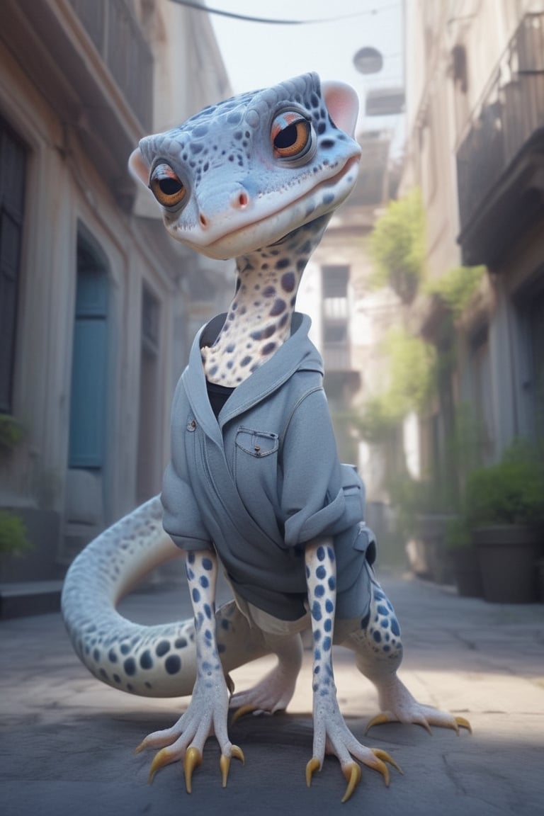 anthropomorphic representation of an albino female leopard gecko,anthropomorphic art,cute gecko girl,sporting casual street-girly fashion is a delightful sight. Picture her in a vibrant crop top paired with high-waisted denim shorts,colorful sneakers,art_booster,alien