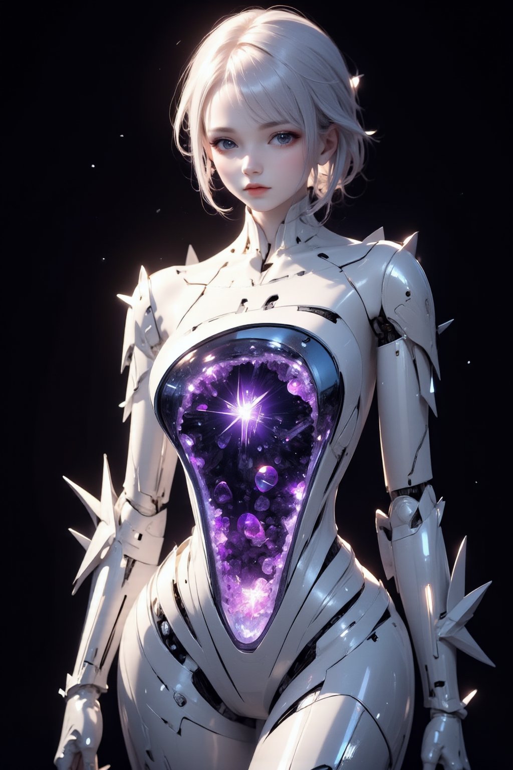 A A mesmerizing female cyborg sculpted from lustrous white porcelain, posed gracefully against a dark background. Her sleek body resembles fine bone china, with subtle joint lines hinting at her mechanical nature. The cyborg's face is a perfect mirror surface, mysterious and otherworldly, reflecting and distorting light.

The centerpiece is her abdomen: a large, natural amethyst geode carefully integrated into her porcelain form. This geode cavity showcases a breathtaking display of deep purple amethyst crystals. The crystals range from dark, intense purple at the center to lighter, more translucent shades near the edges. The crystalline structure creates a mesmerizing depth effect, with countless facets catching and refracting light,SFW

Delicate, circuit-like patterns etched into her white porcelain limbs occasionally illuminate with a soft purple glow, echoing the amethyst's color. Her hands and feet feature visible ball joints, merging artificial design with natural crystal aesthetics.

Dramatic lighting emphasizes the porcelain's sheen and the captivating sparkle of the amethyst crystals within the geode.

Photorealistic render, high detail, dramatic lighting, blend of futuristic and natural elements..,Fantasy Regal Artgem,PorcelainDollPrincess,1girl,#fractal,Crystal,\mechako\